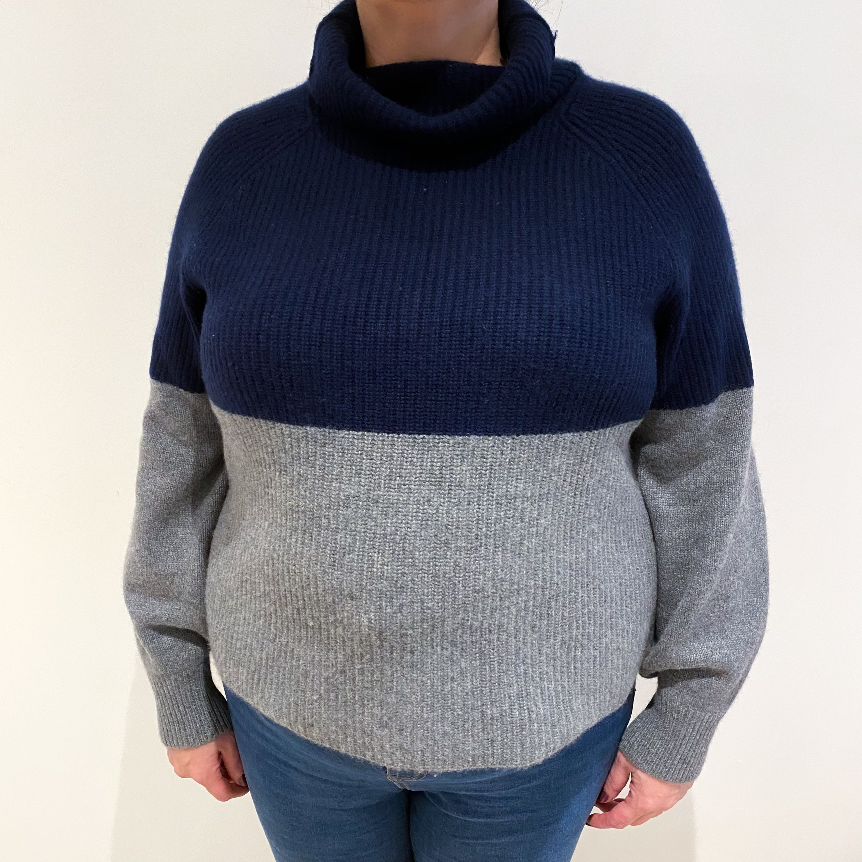 Navy And Smoke Colour Block Cashmere Polo Neck Ribbed Jumper Extra Large