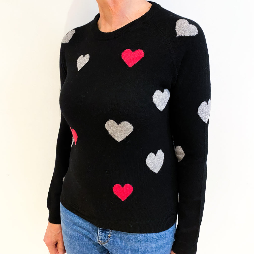 Black With Pink And Grey Hearts Cashmere Crew Neck Jumper Medium