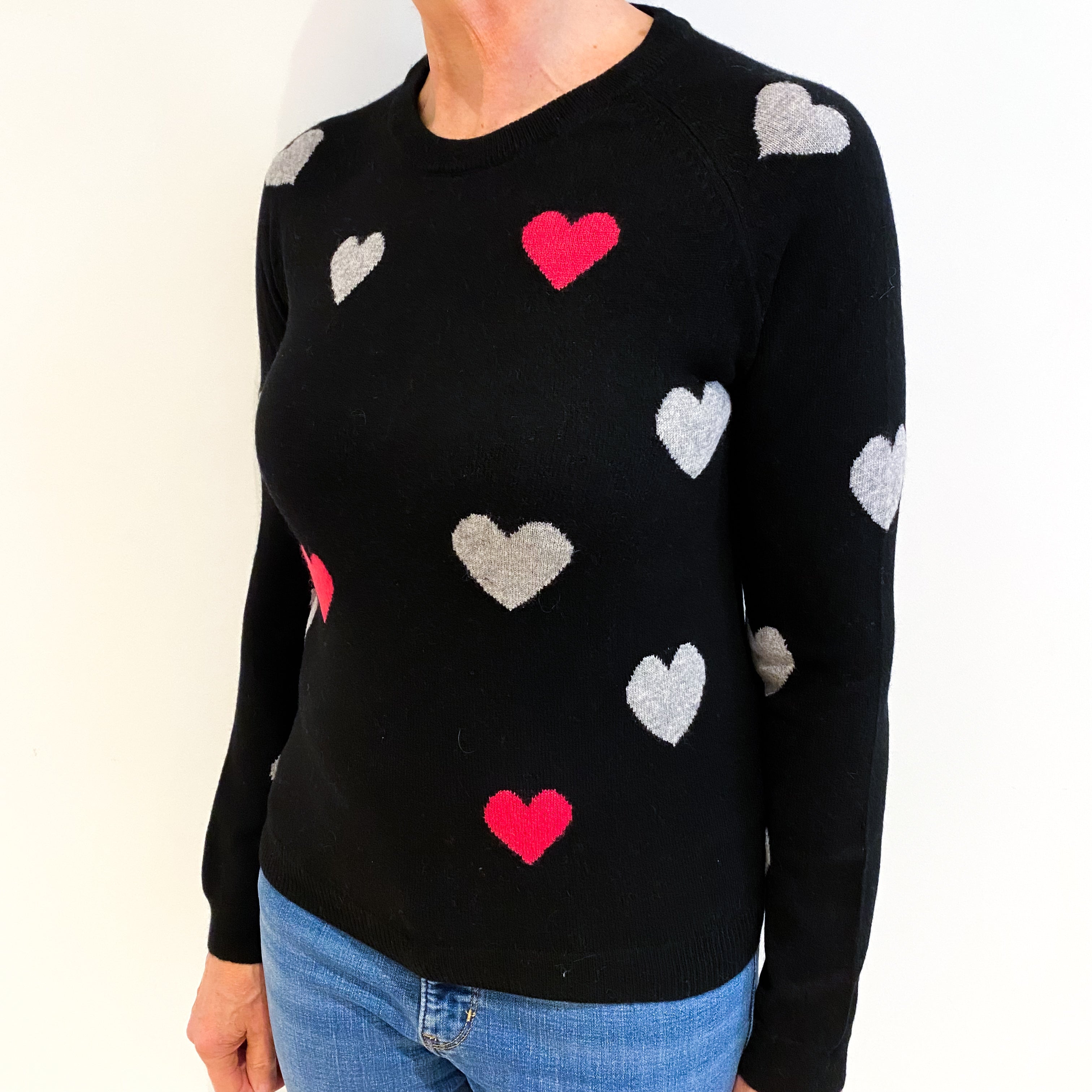 Black With Pink And Grey Hearts Cashmere Crew Neck Jumper Medium
