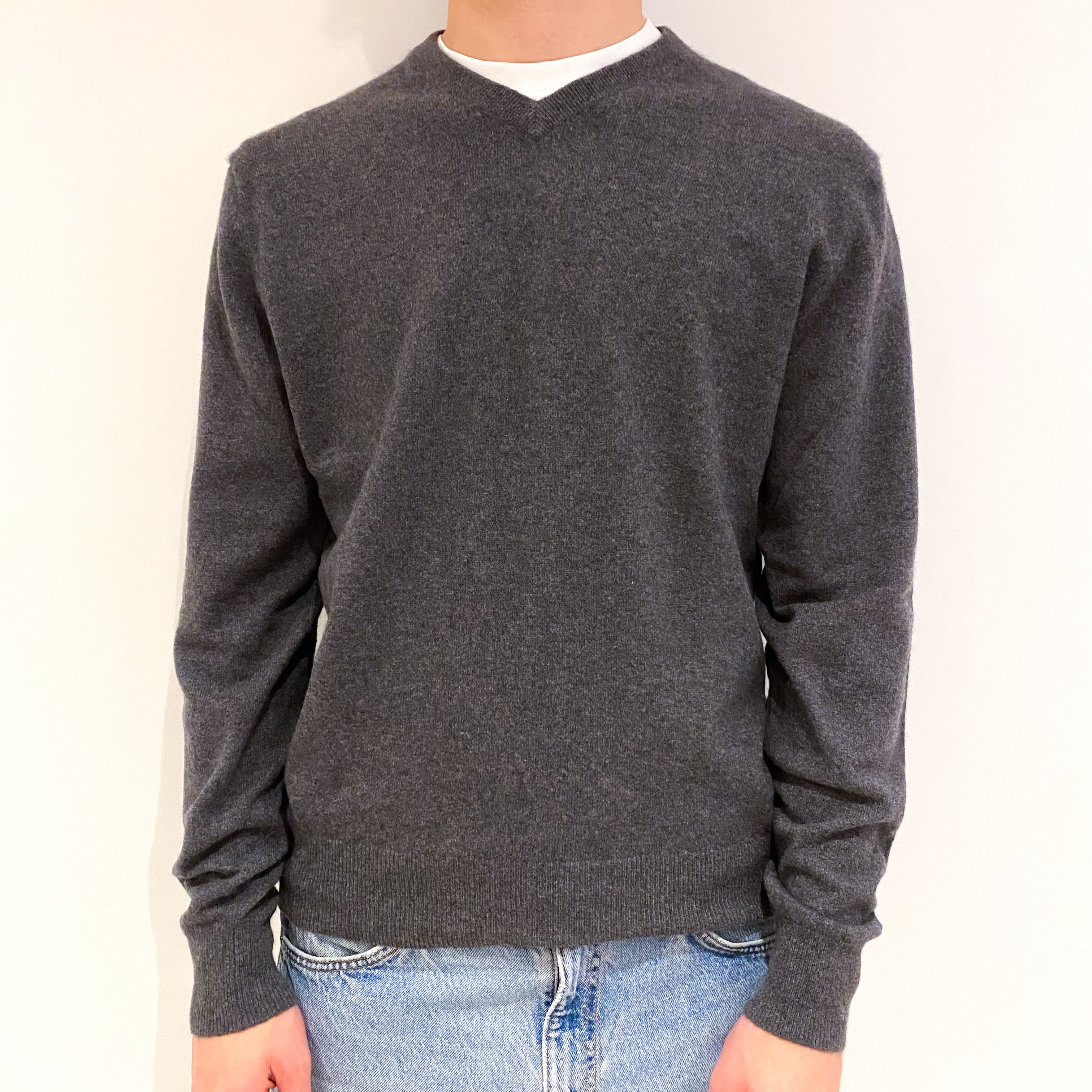 Men's Slate Grey Cashmere V-Neck Jumper Large