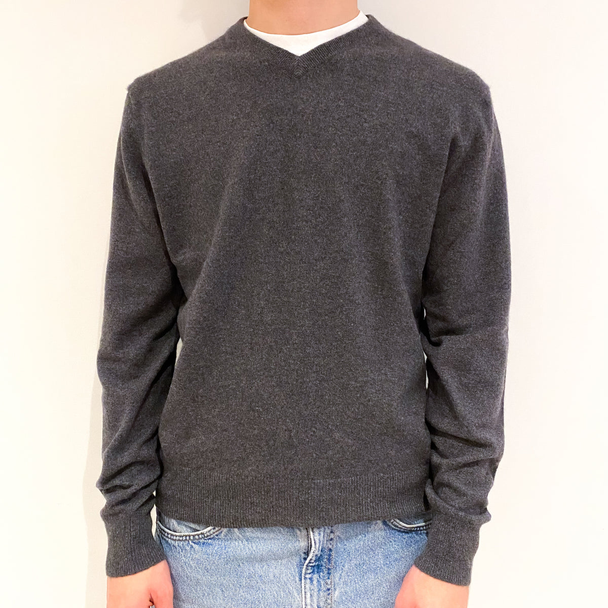 Men's Slate Grey Cashmere V-Neck Jumper Large