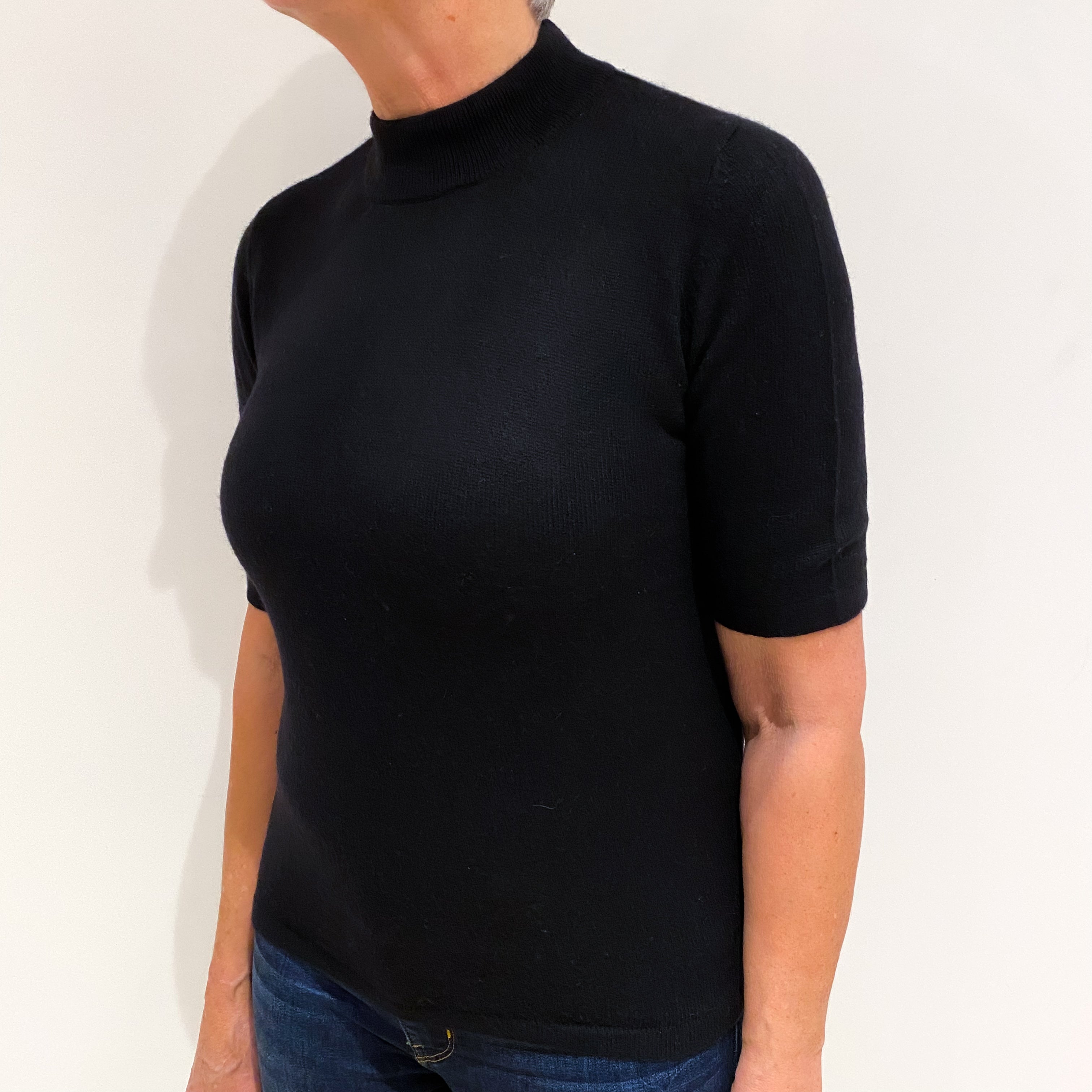 Black Cashmere Short Sleeve Turtle Neck Jumper Medium