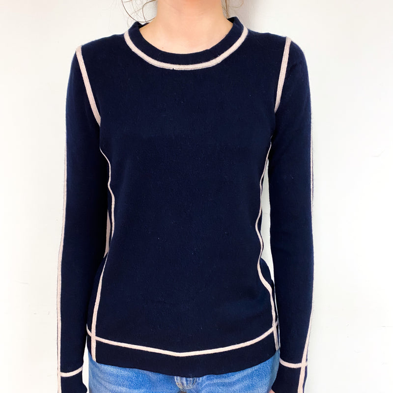 Navy Nude Pink Trim Cashmere Crew Neck Jumper Extra Small