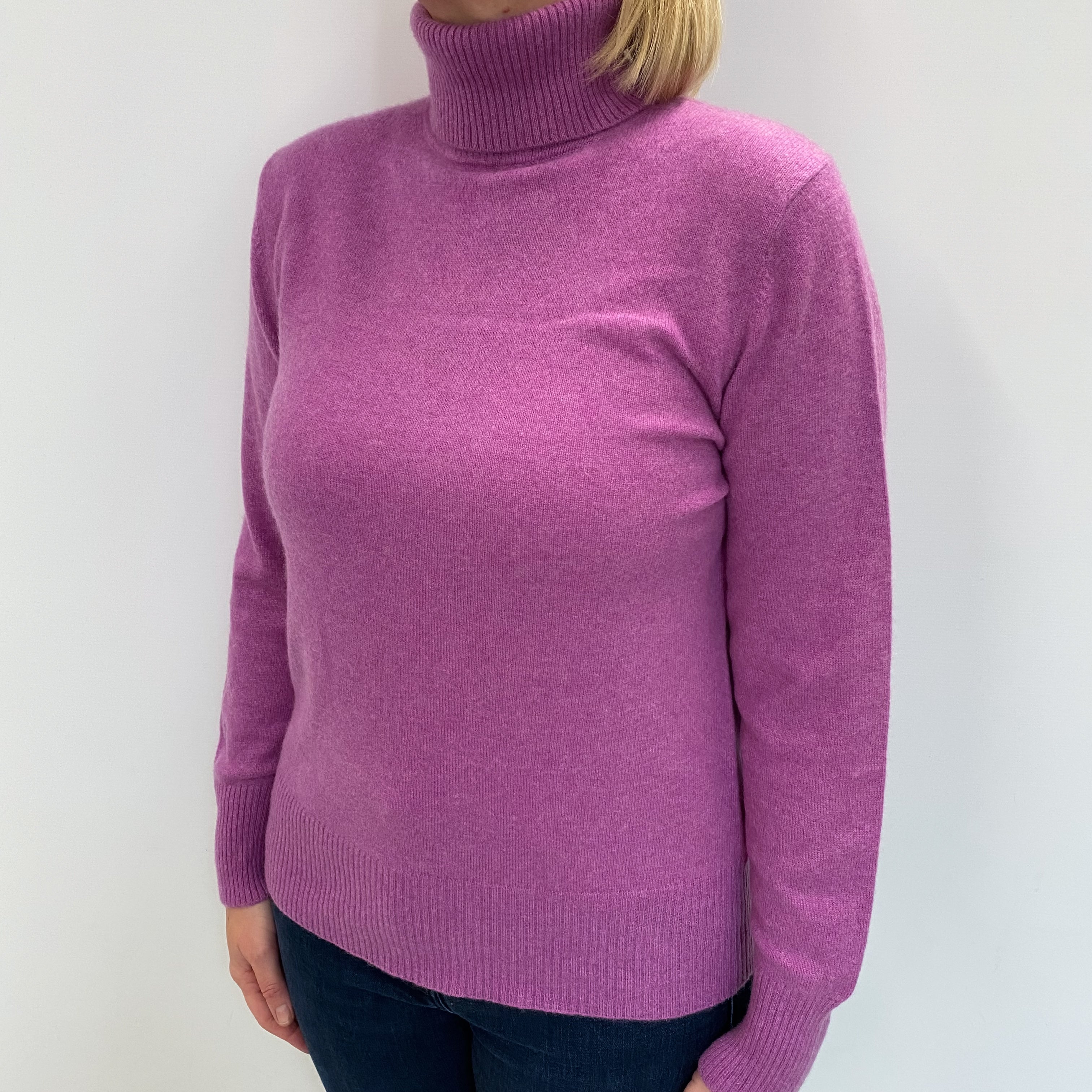 Deep Loganberry Pink Cashmere Polo Neck Jumper Large