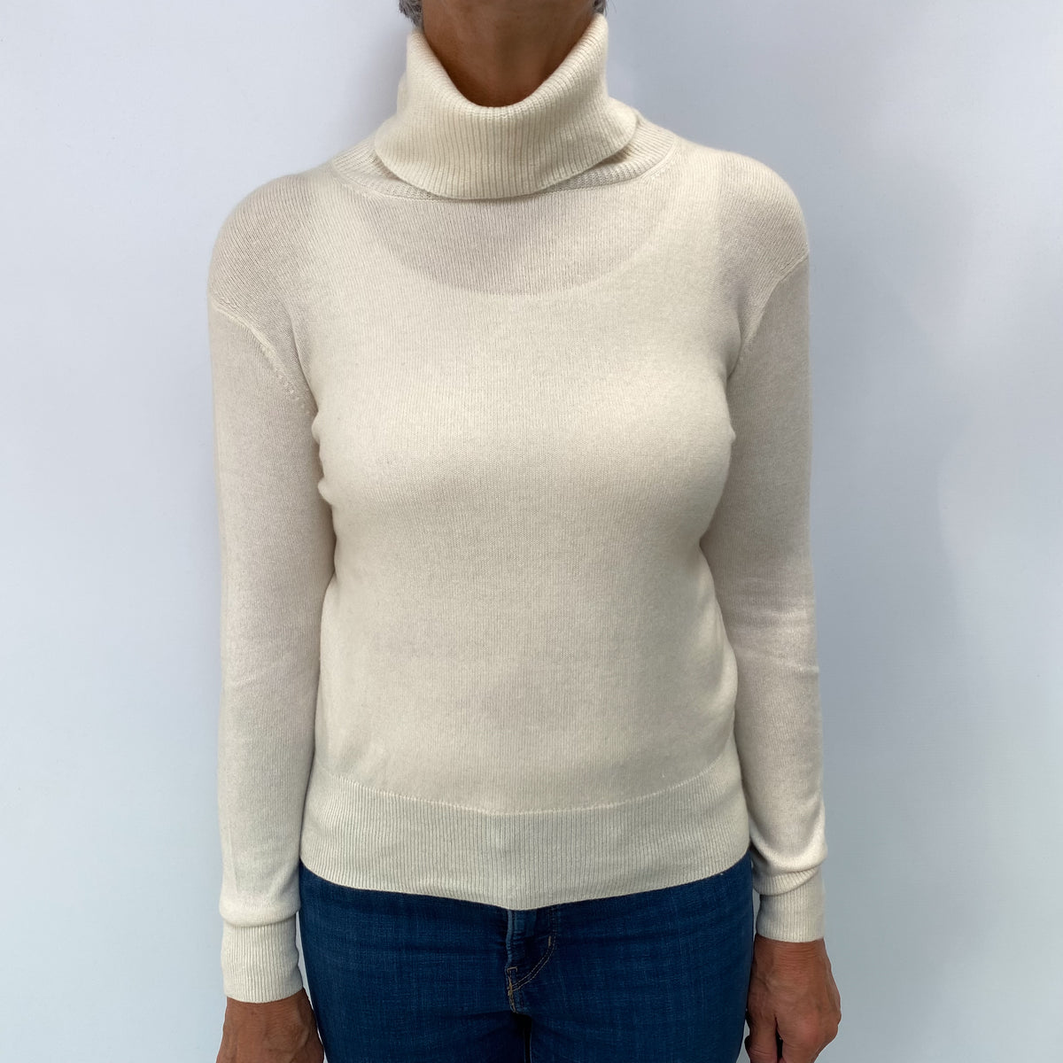 Vanilla Beige Cashmere Polo Neck Jumper Medium