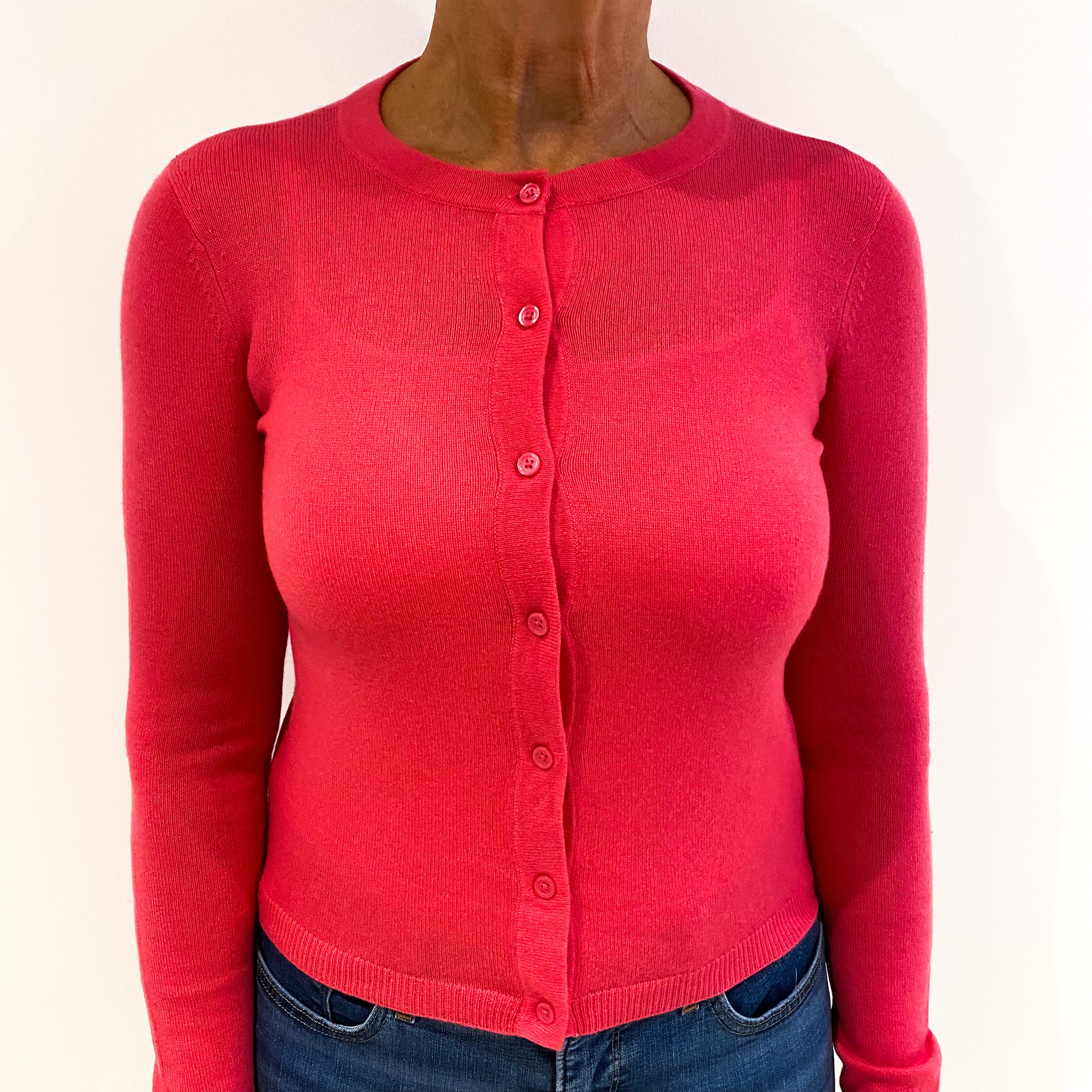 Raspberry Pink Cashmere Crew Neck Cardigan Medium