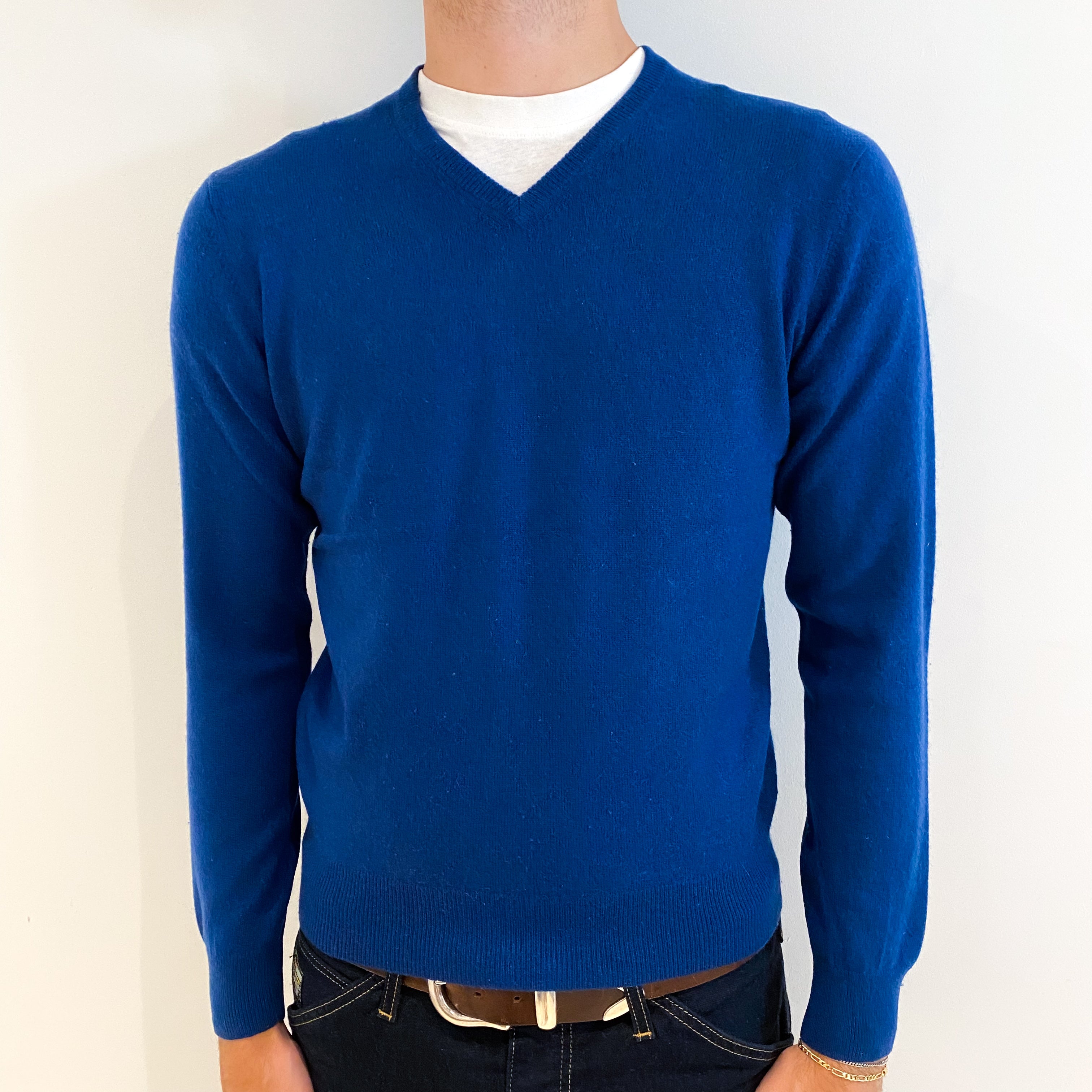 Men's Petrol Blue Cashmere V-Neck Jumper Medium