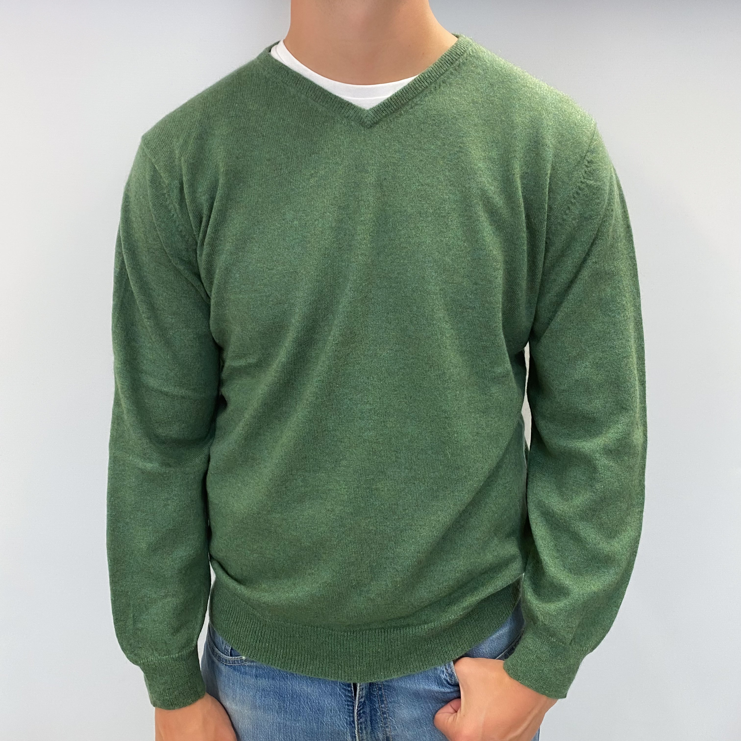 Men's Lincoln Green Marl Cashmere V Neck Jumper XXL