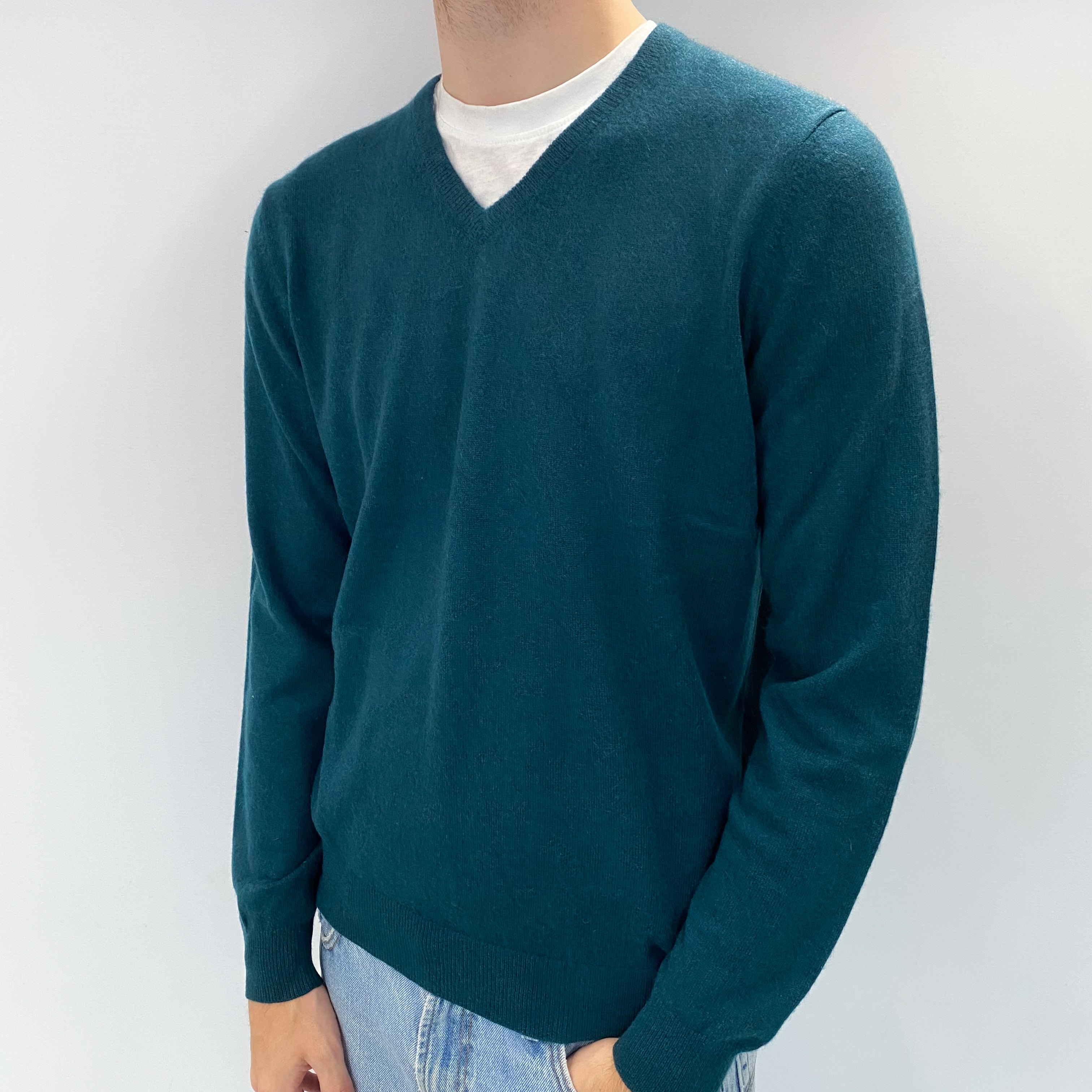 Men's Forest Green Cashmere V Neck Jumper Medium