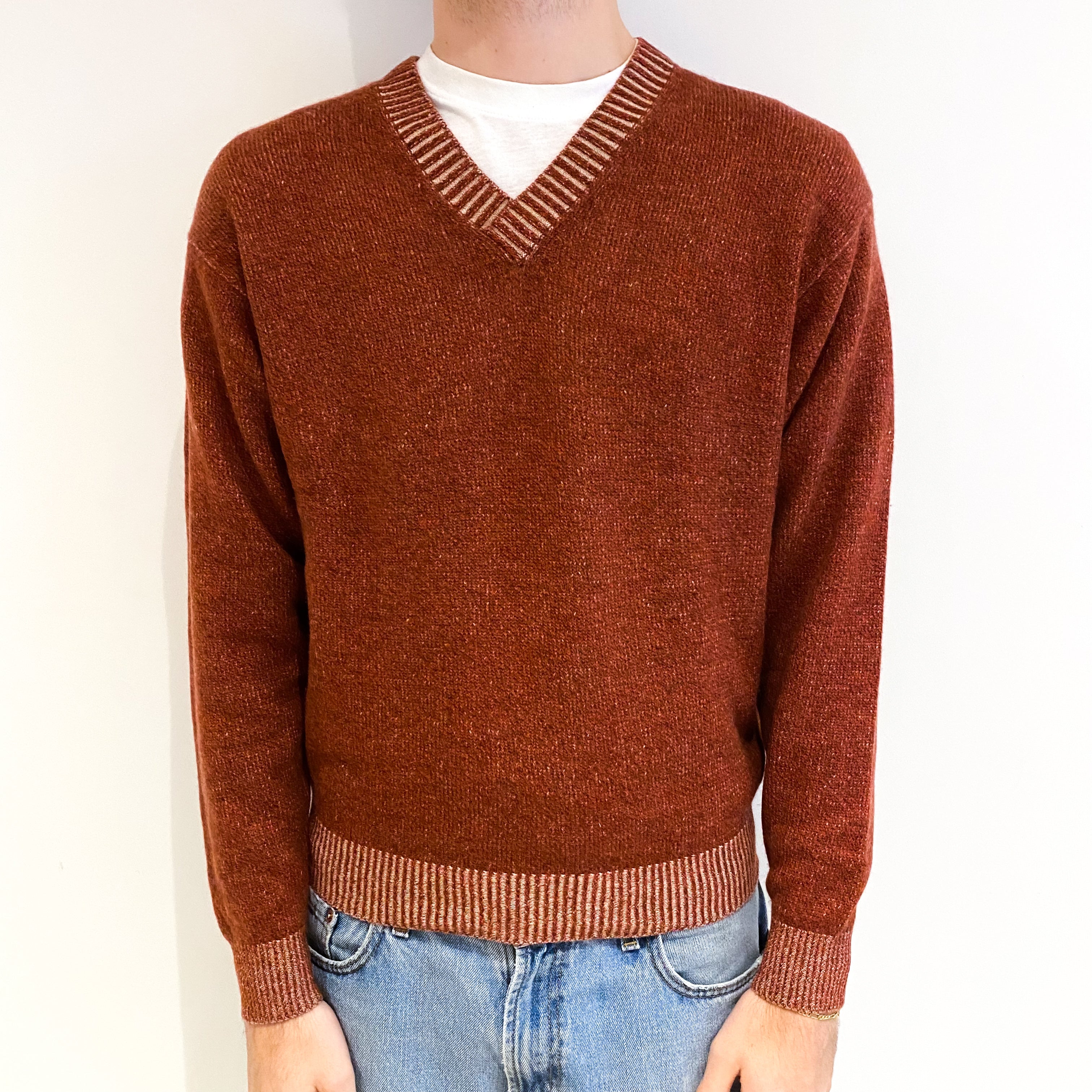 Men's Italian Carlo Farfini Rust Red Cashmere V Neck Jumper Medium