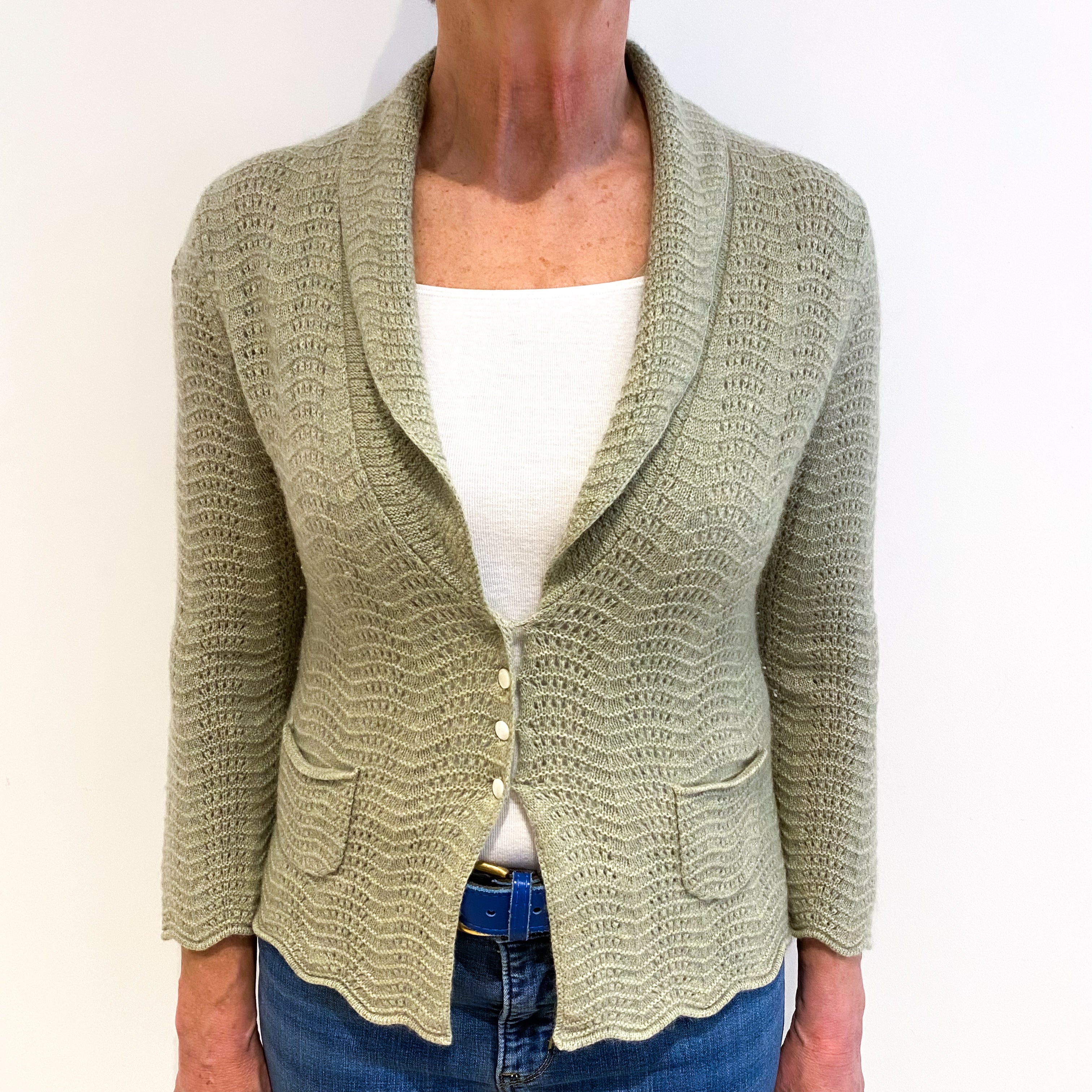 Sea Green Cashmere Shawl Collar Lace Knit Cardigan Medium
