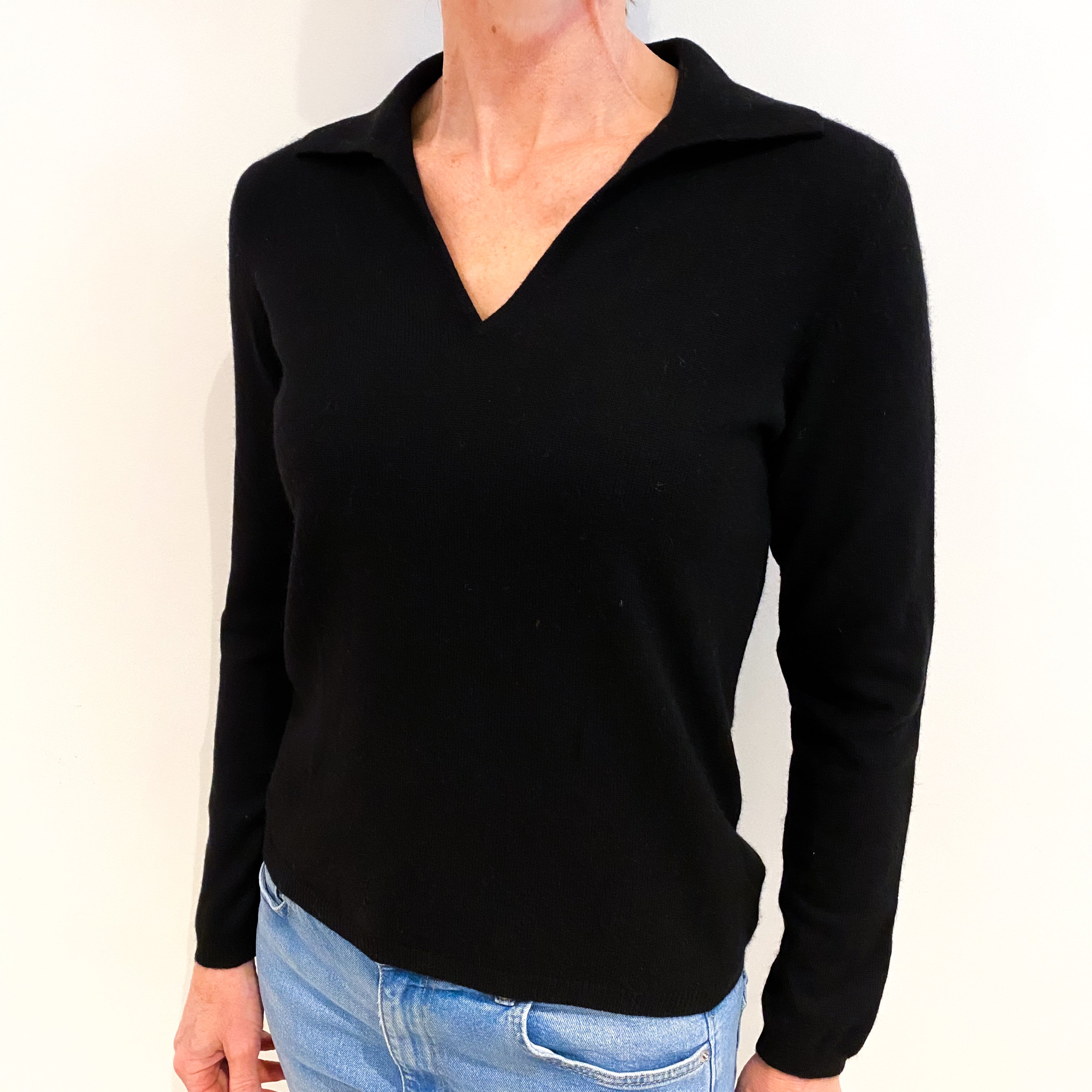 Black Cashmere Collared V Neck Jumper Small