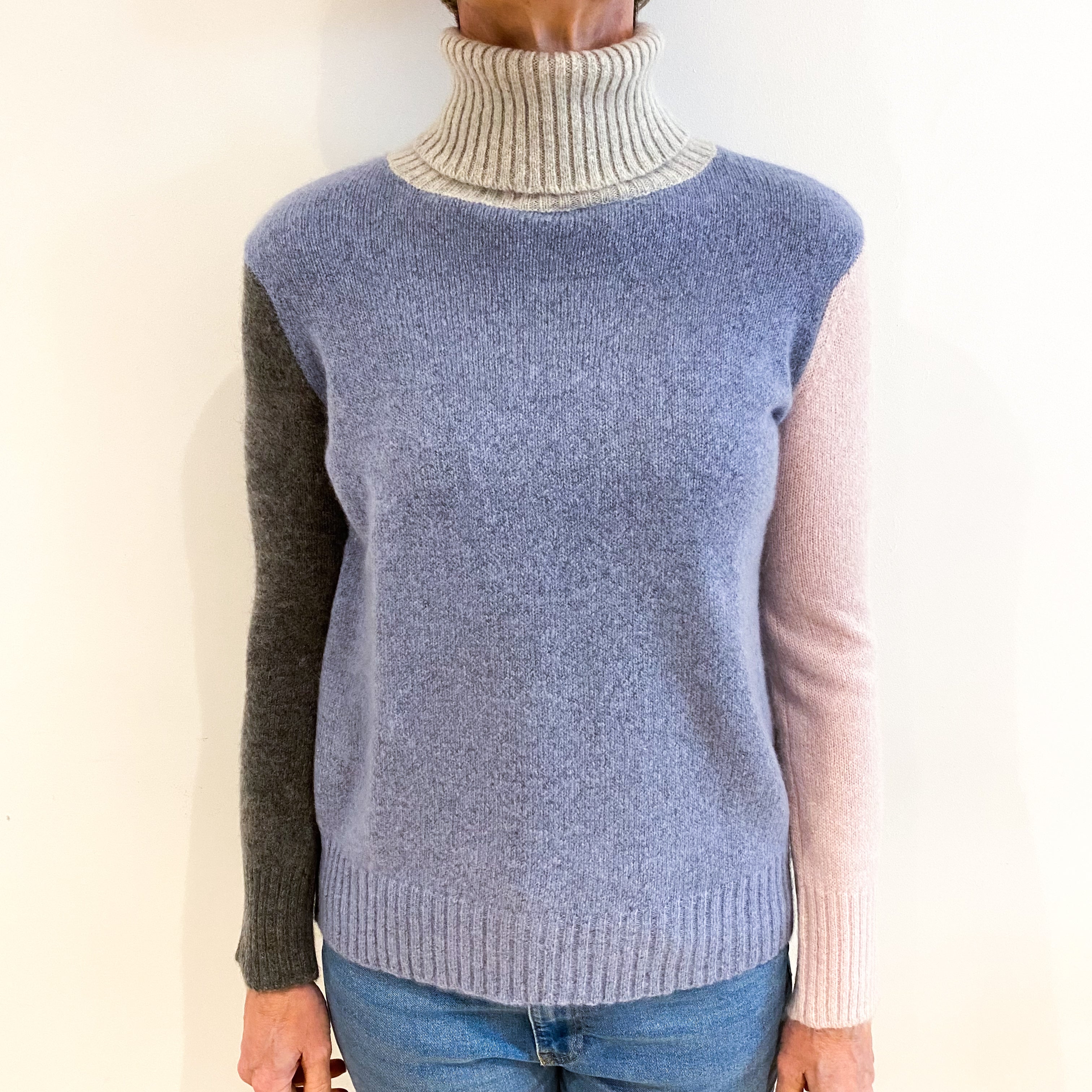 Sky Blue Colour Block Cashmere Polo Neck Jumper Small