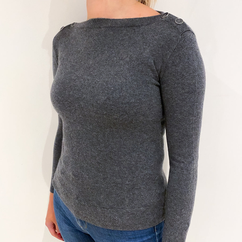 Slate Grey Cashmere Buttoned Slash Neck Jumper Small