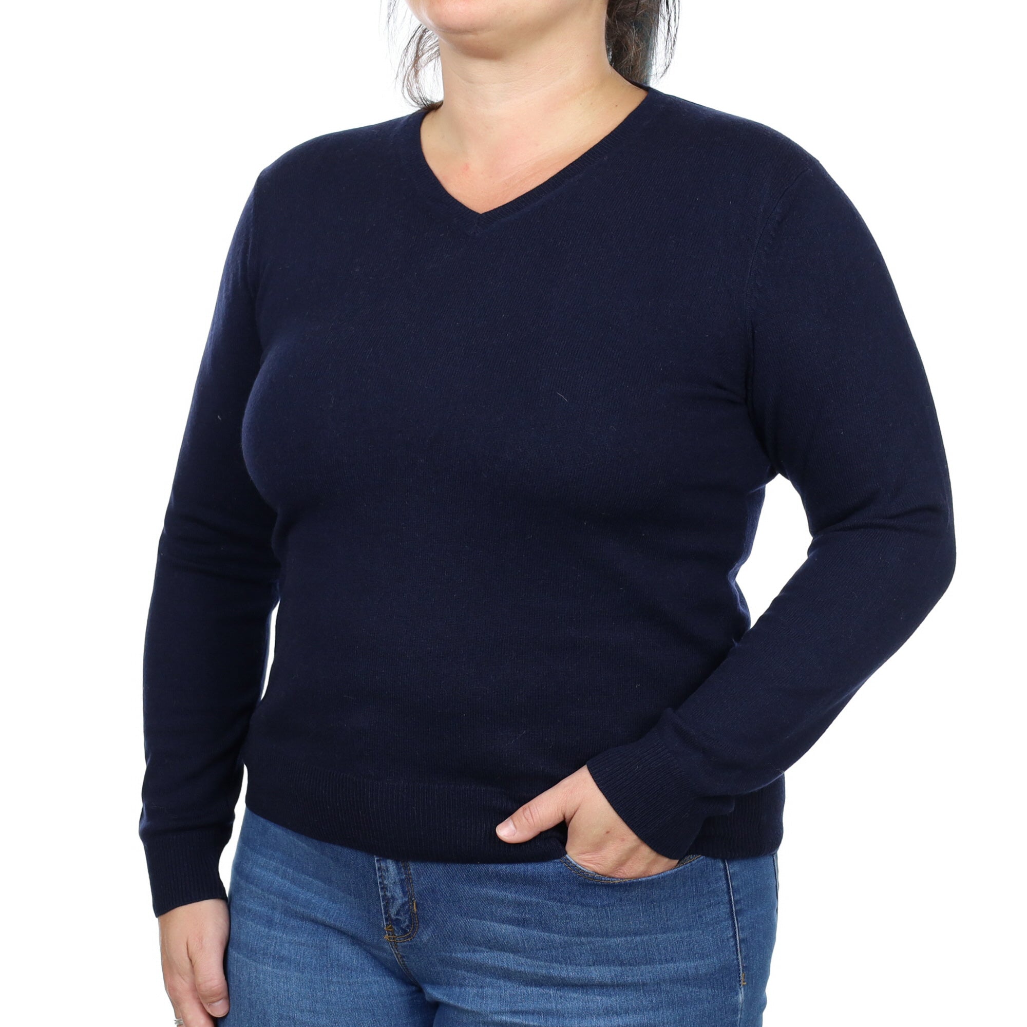 Navy Blue Cashmere V Neck Jumper Large