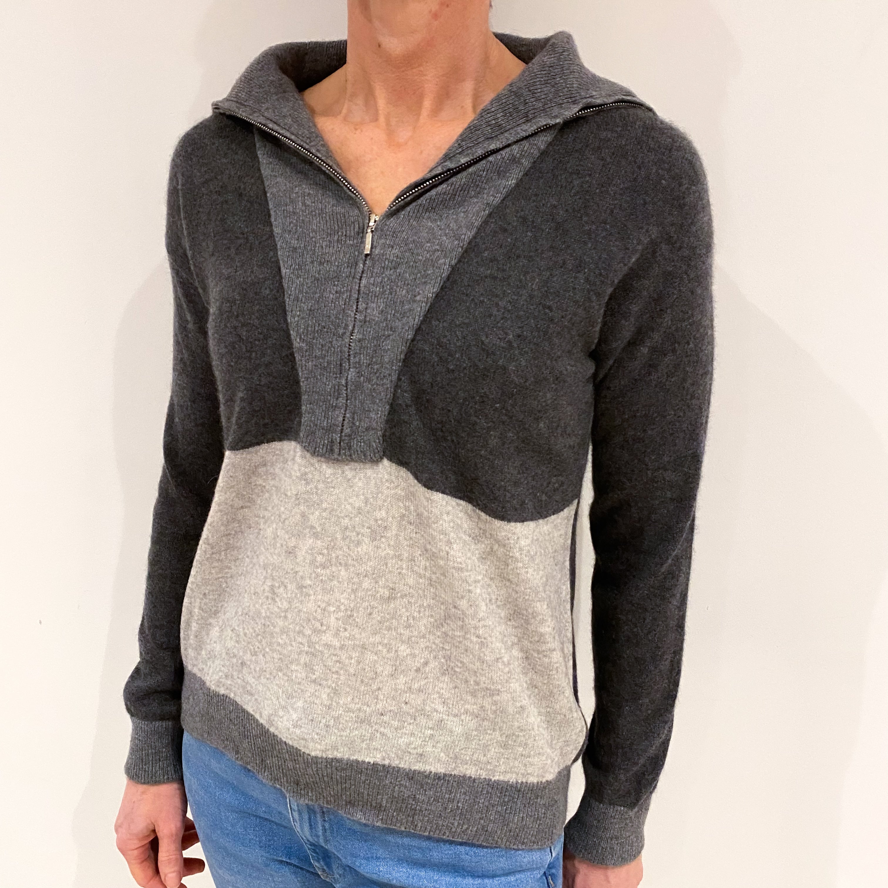 Grey Colour Block Cashmere Zip Up Collared Jumper Small