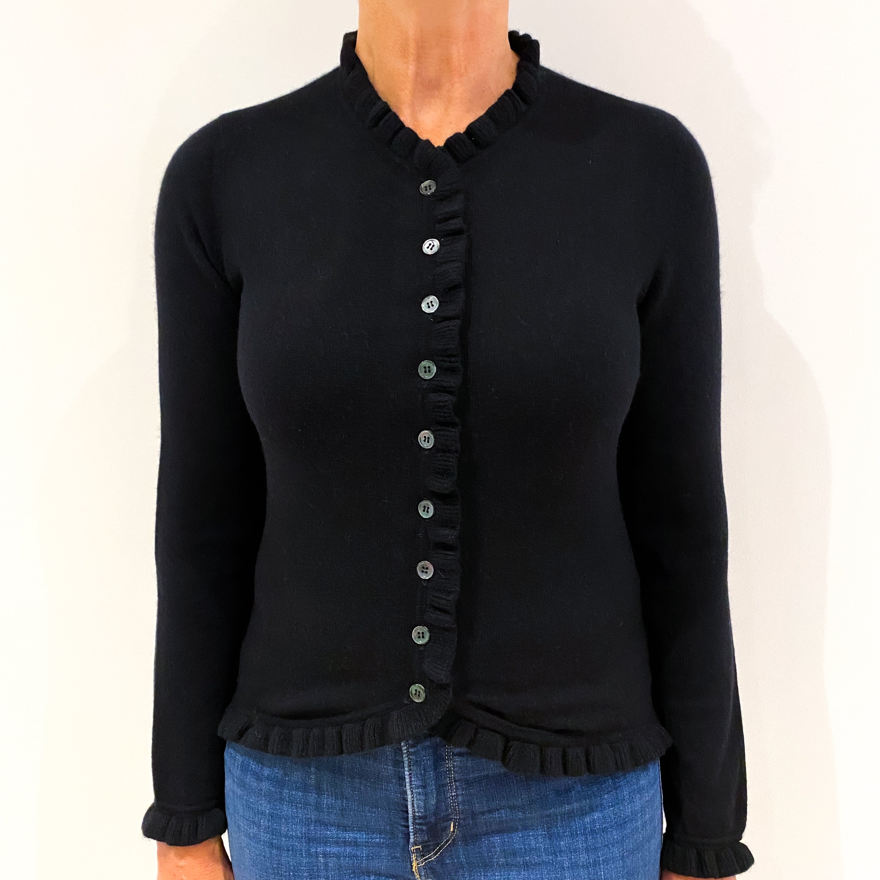 Black Ruffle Edged Cashmere V-Neck Cardigan Medium