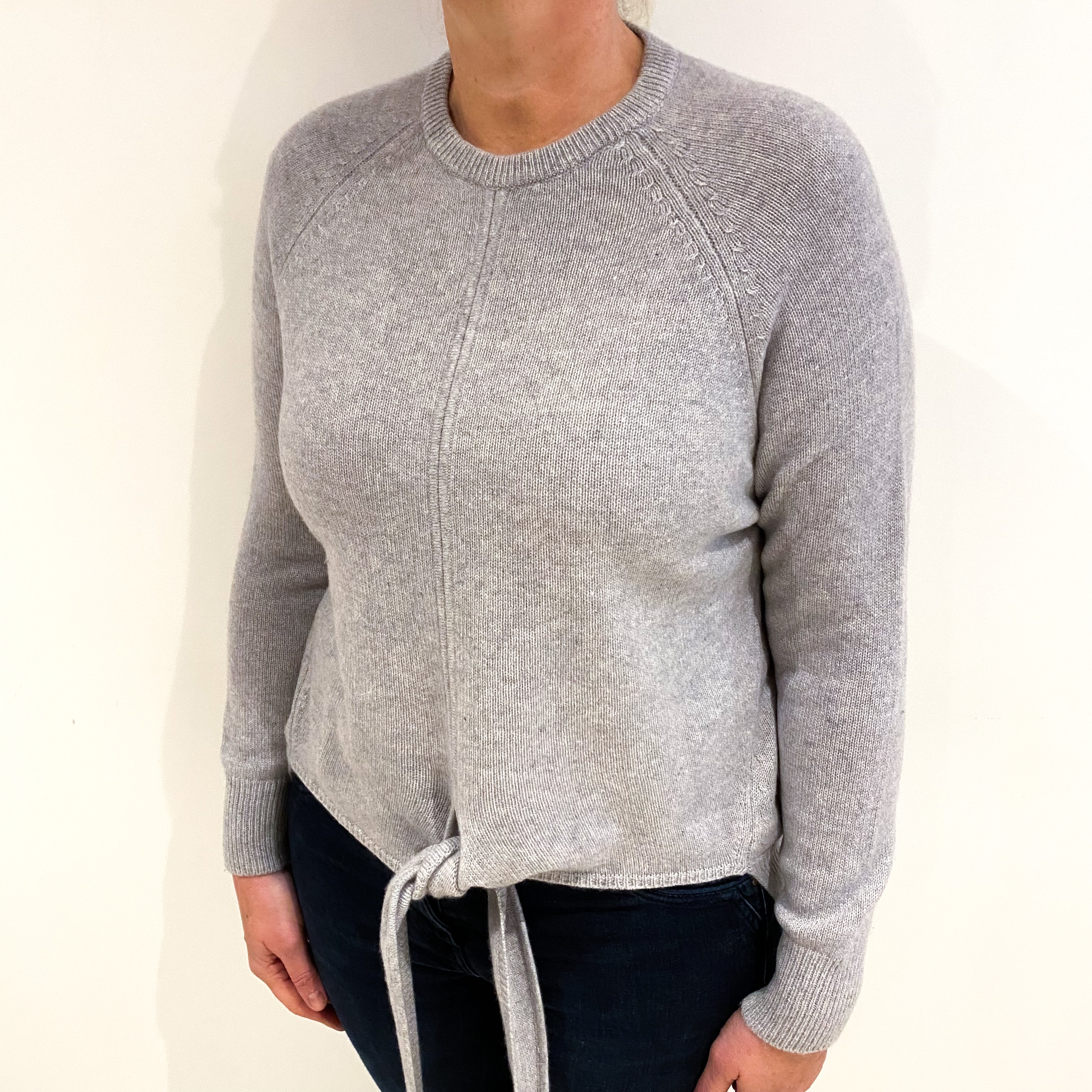 Smoke Grey Cashmere Tie Front Crew Neck Jumper Large