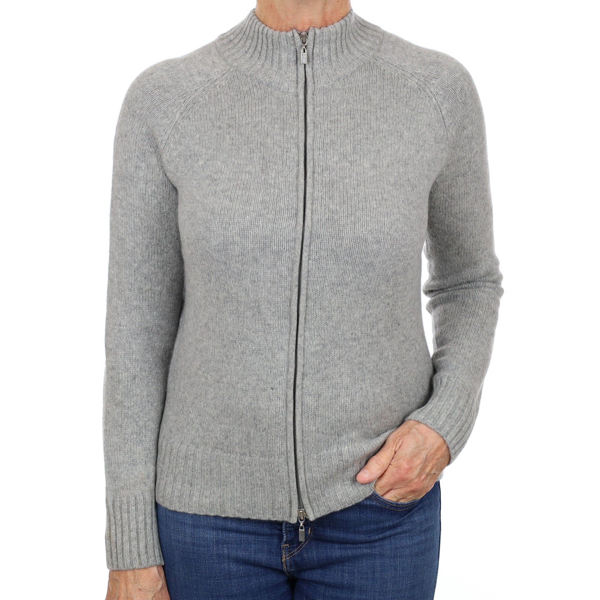Ash Grey Cashmere Zip Up Turtle Neck Cardigan Medium