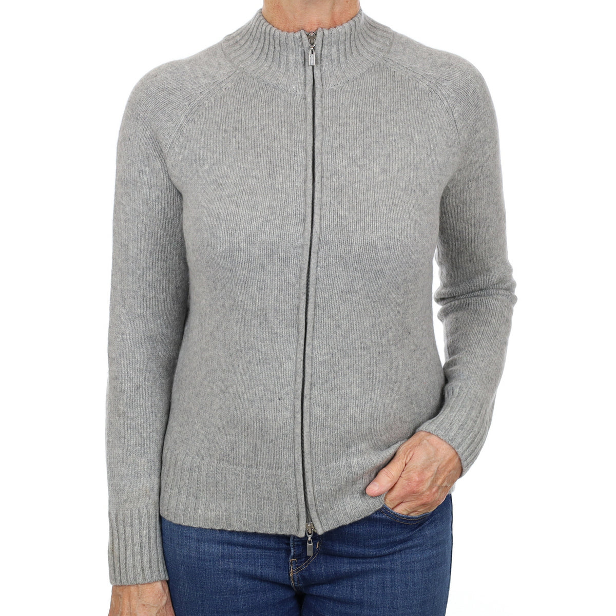 Ash Grey Cashmere Zip Up Turtle Neck Cardigan Medium