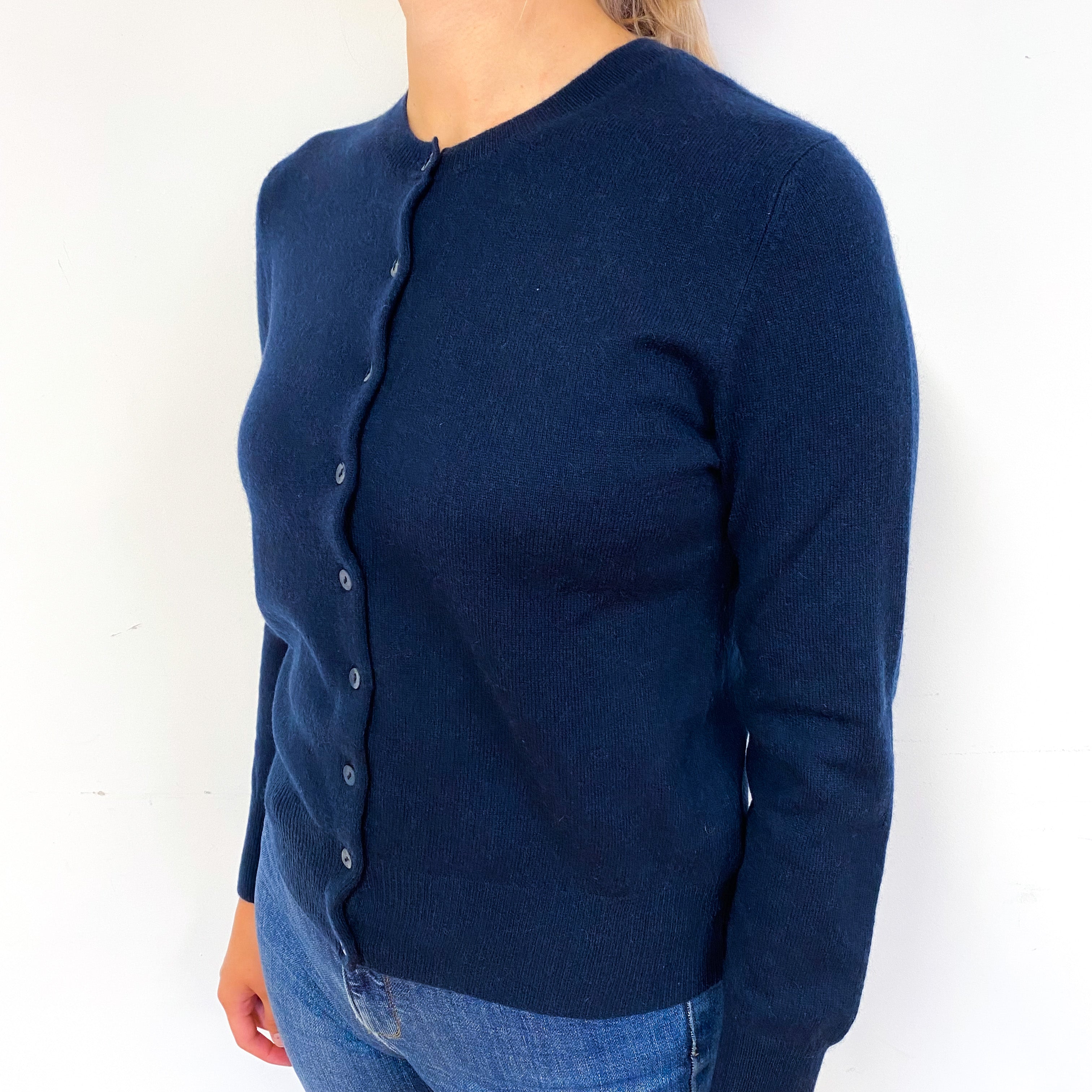 Navy Blue Cashmere Crew Neck Cardigan Small