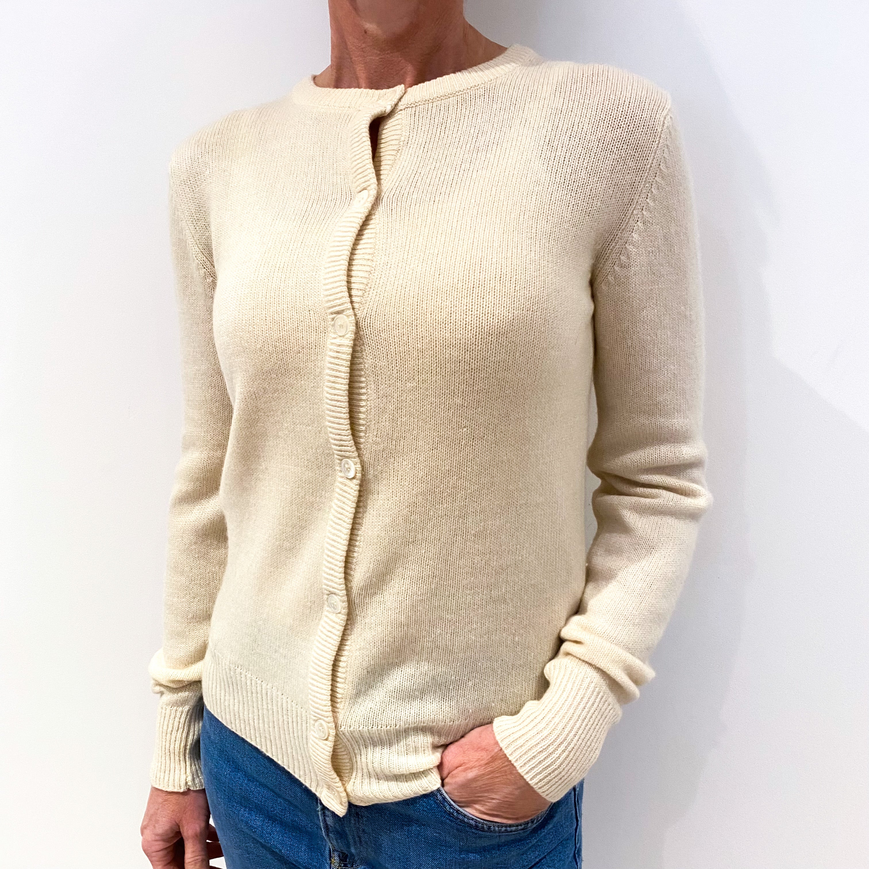 Vintage Ivory Cream Cashmere Crew Neck Cardigan Small