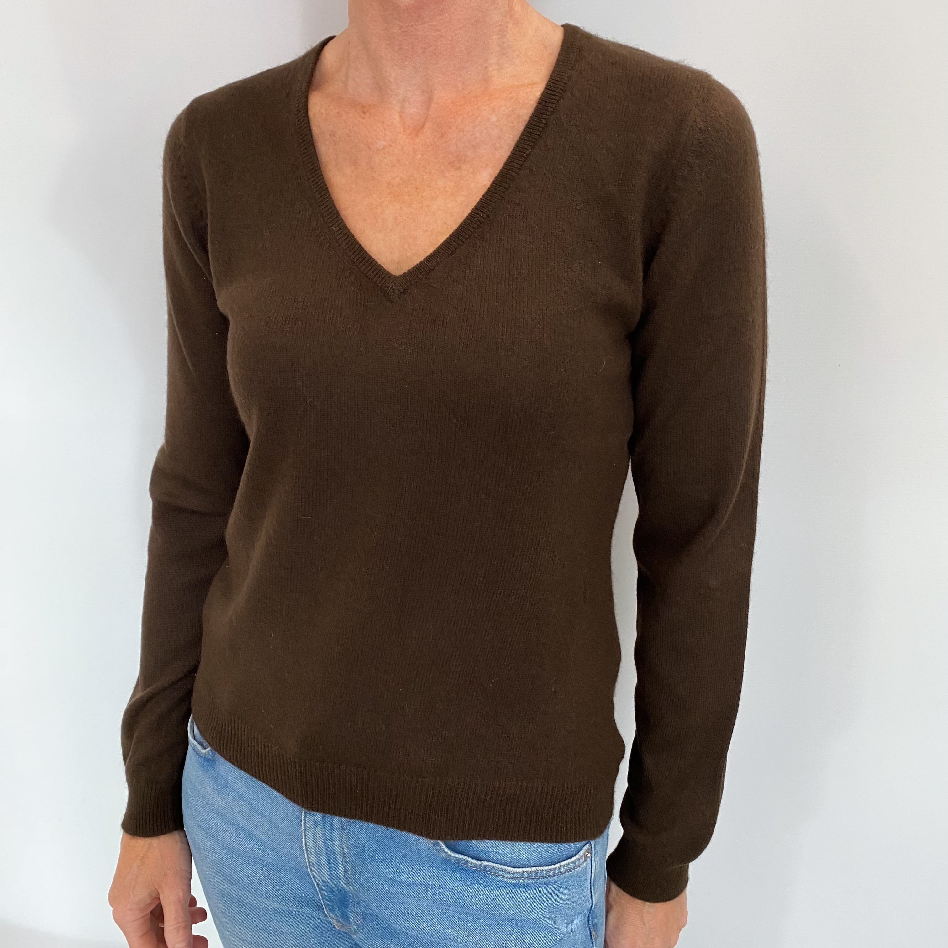 Peppercorn Brown Cashmere V Neck Jumper Small