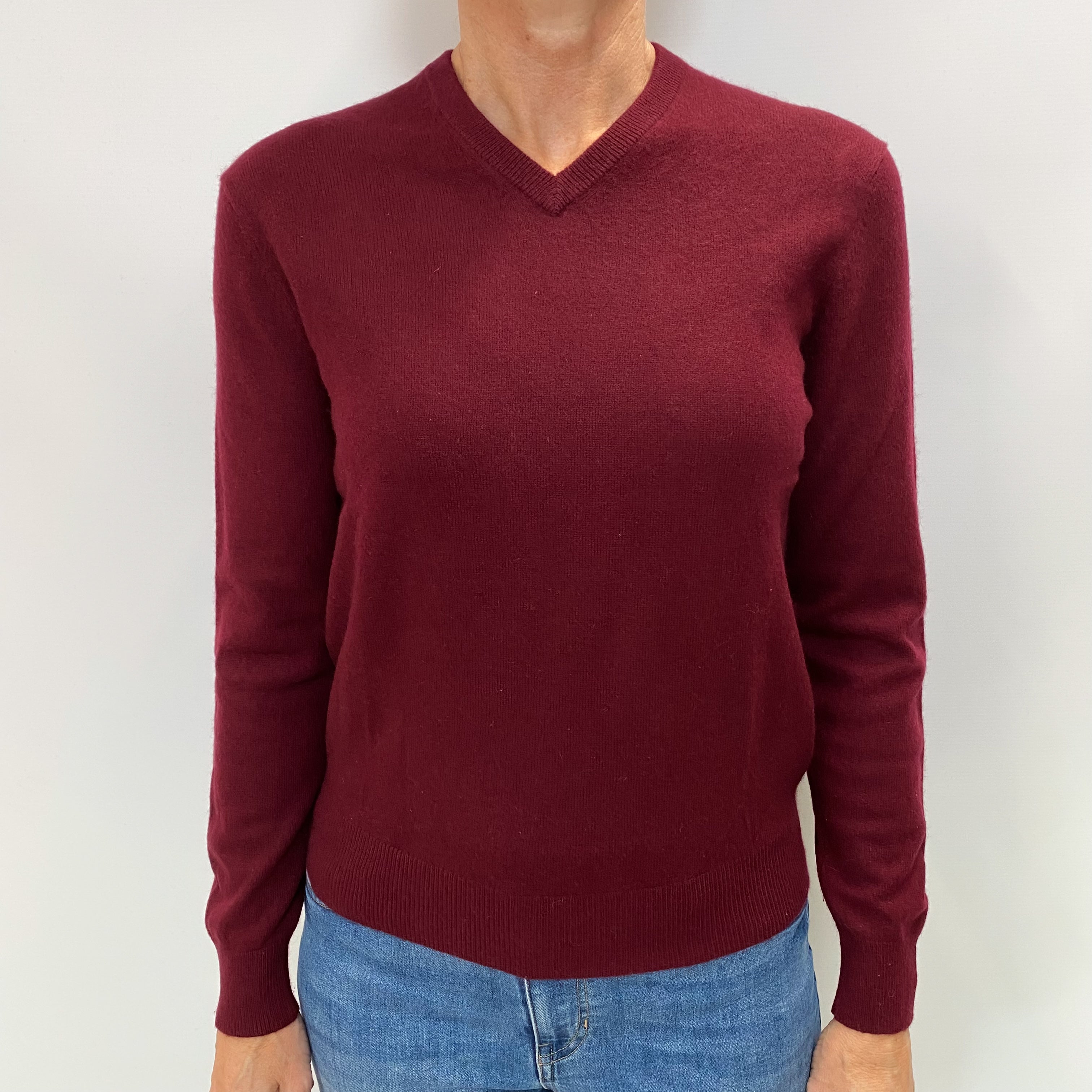 Burgundy Red Cashmere V Neck Jumper Small