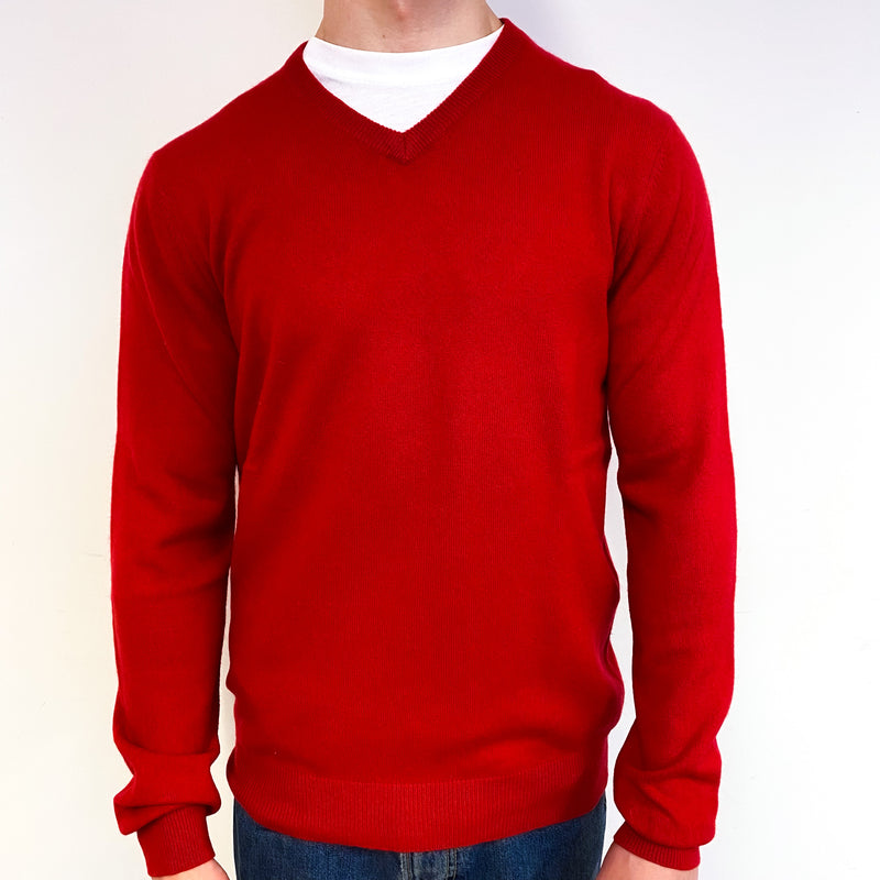 Men's Scarlet Red Cashmere V-Neck Jumper Small