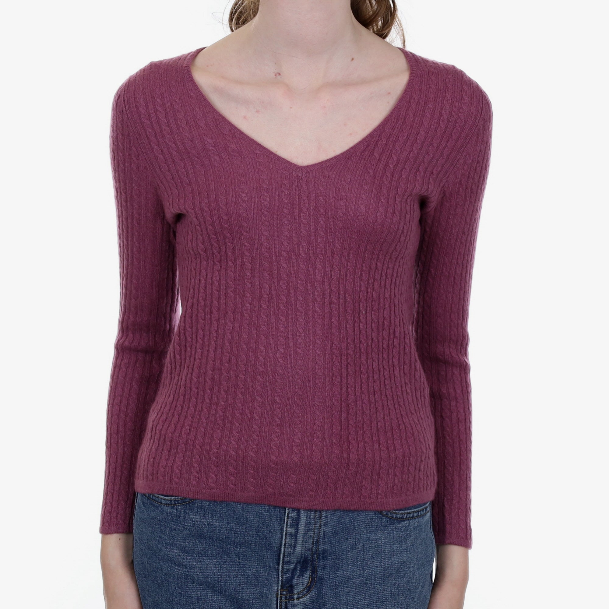 Heather Purple Cable Cashmere V Neck Jumper Extra Small