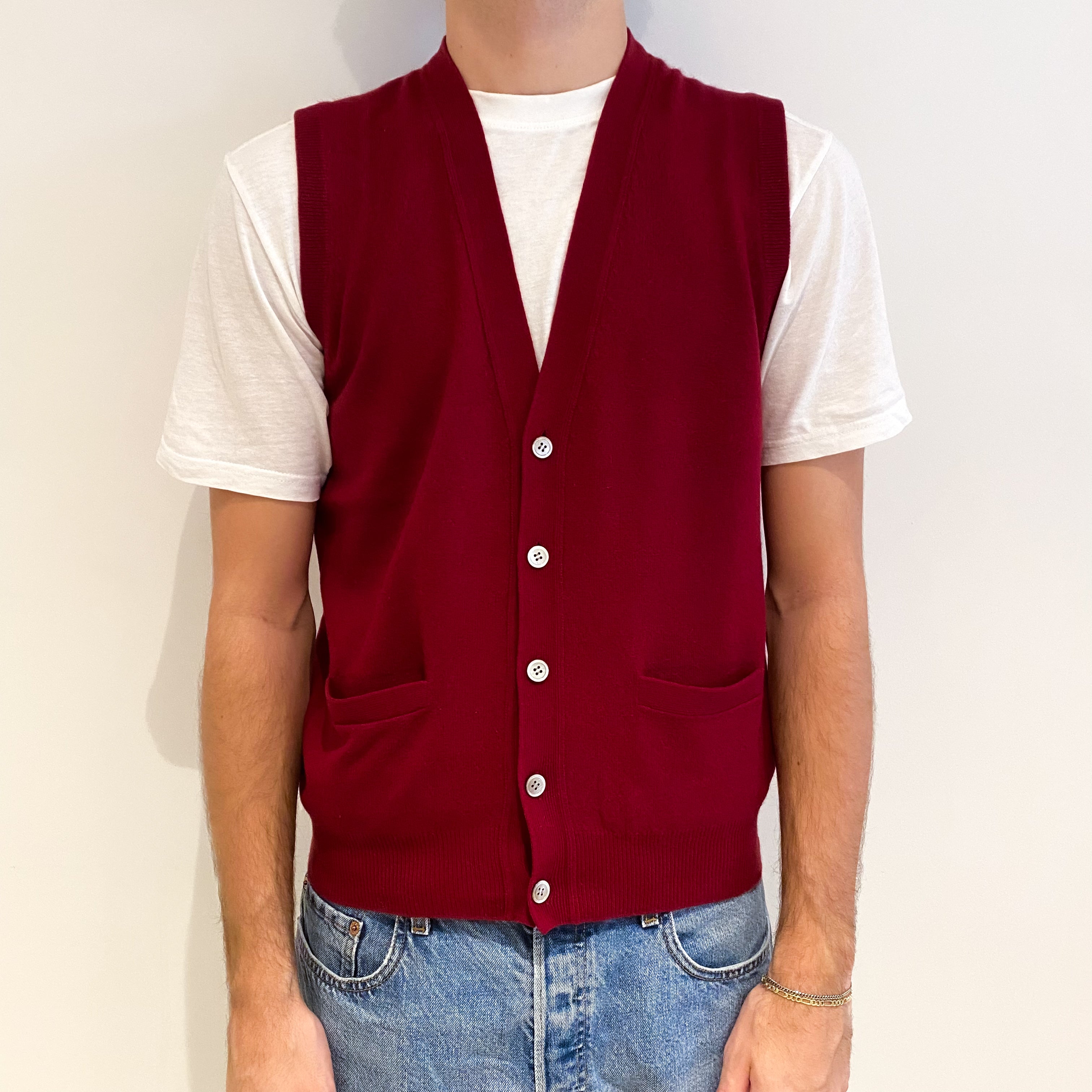 Men's Burgundy Red Cashmere V Neck Gilet with Pockets Large