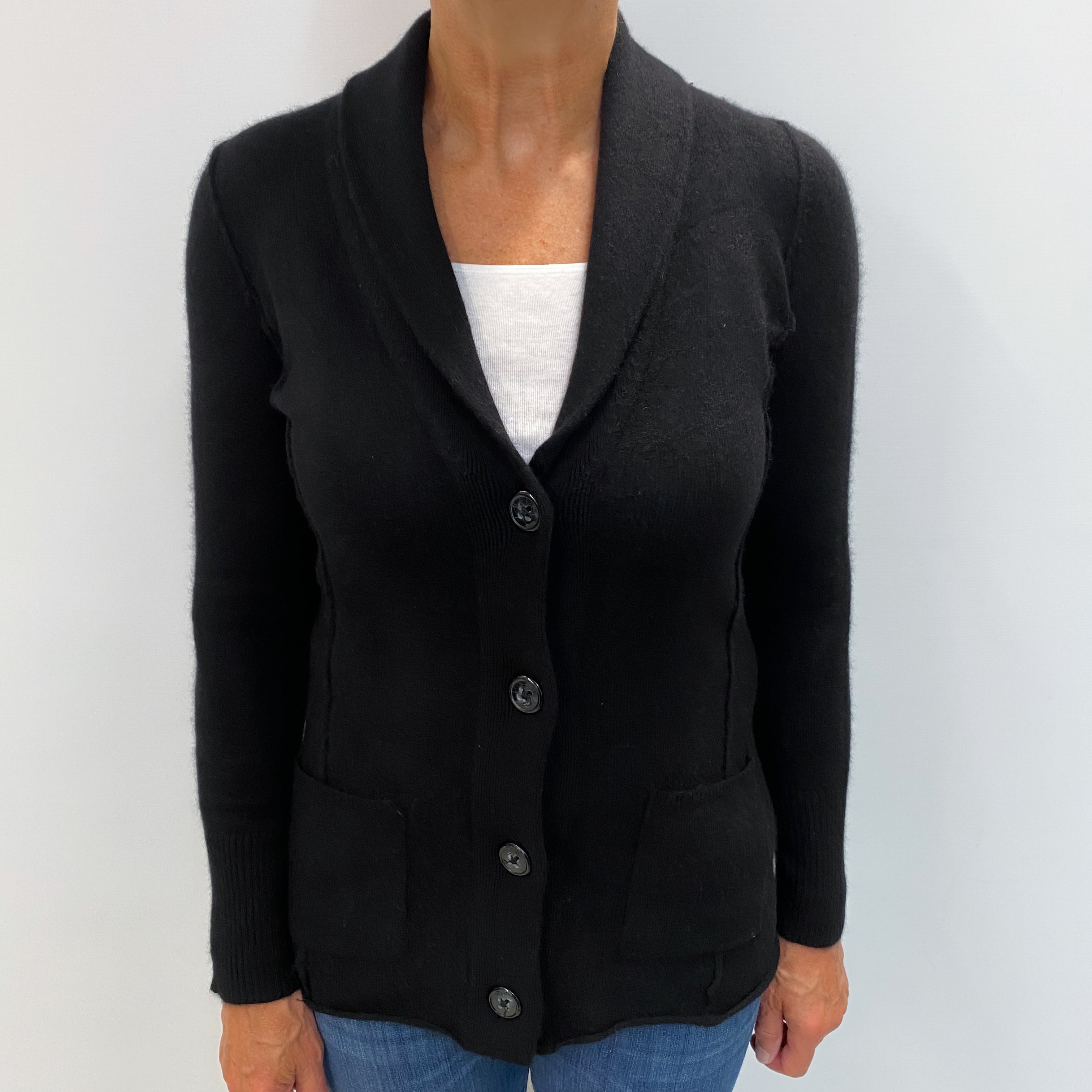 Black Cashmere Collared V Neck Cardigan Medium