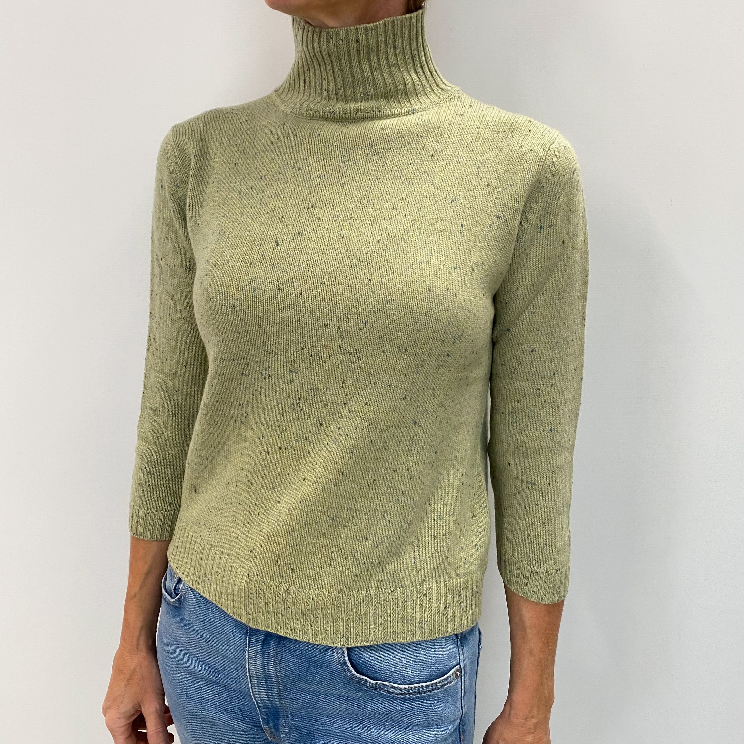 Soft Green Flecked Cashmere Turtle Neck Jumper Small