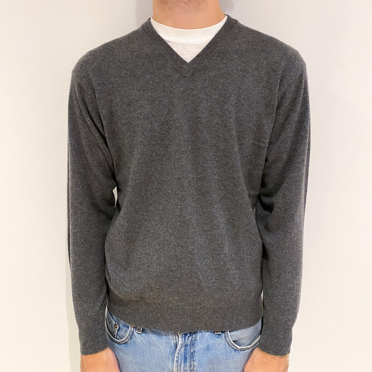Men's Slate Grey Cashmere V Neck Jumper Medium
