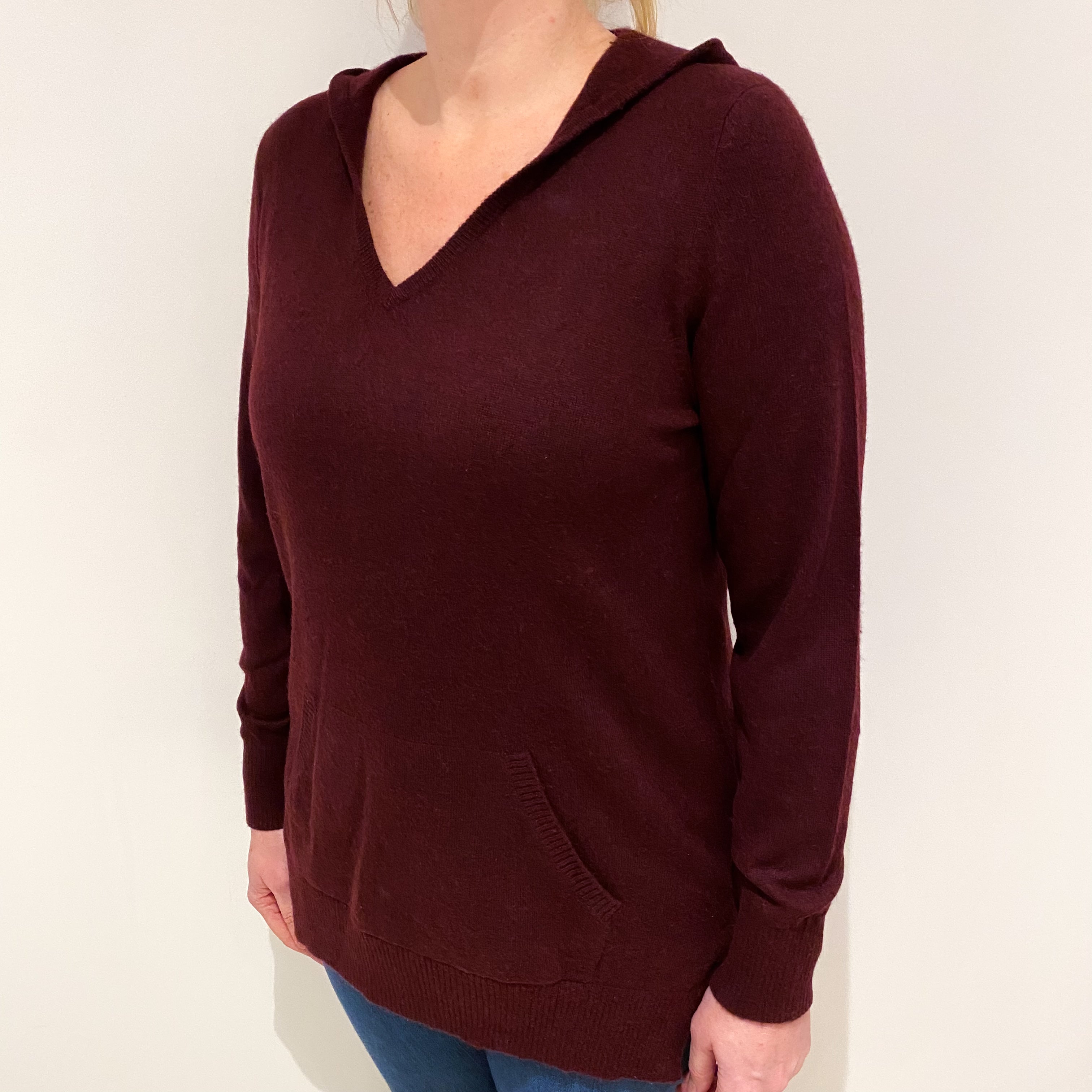 Deep Wine Red Cashmere Hooded Jumper with Pouch Pocket Large