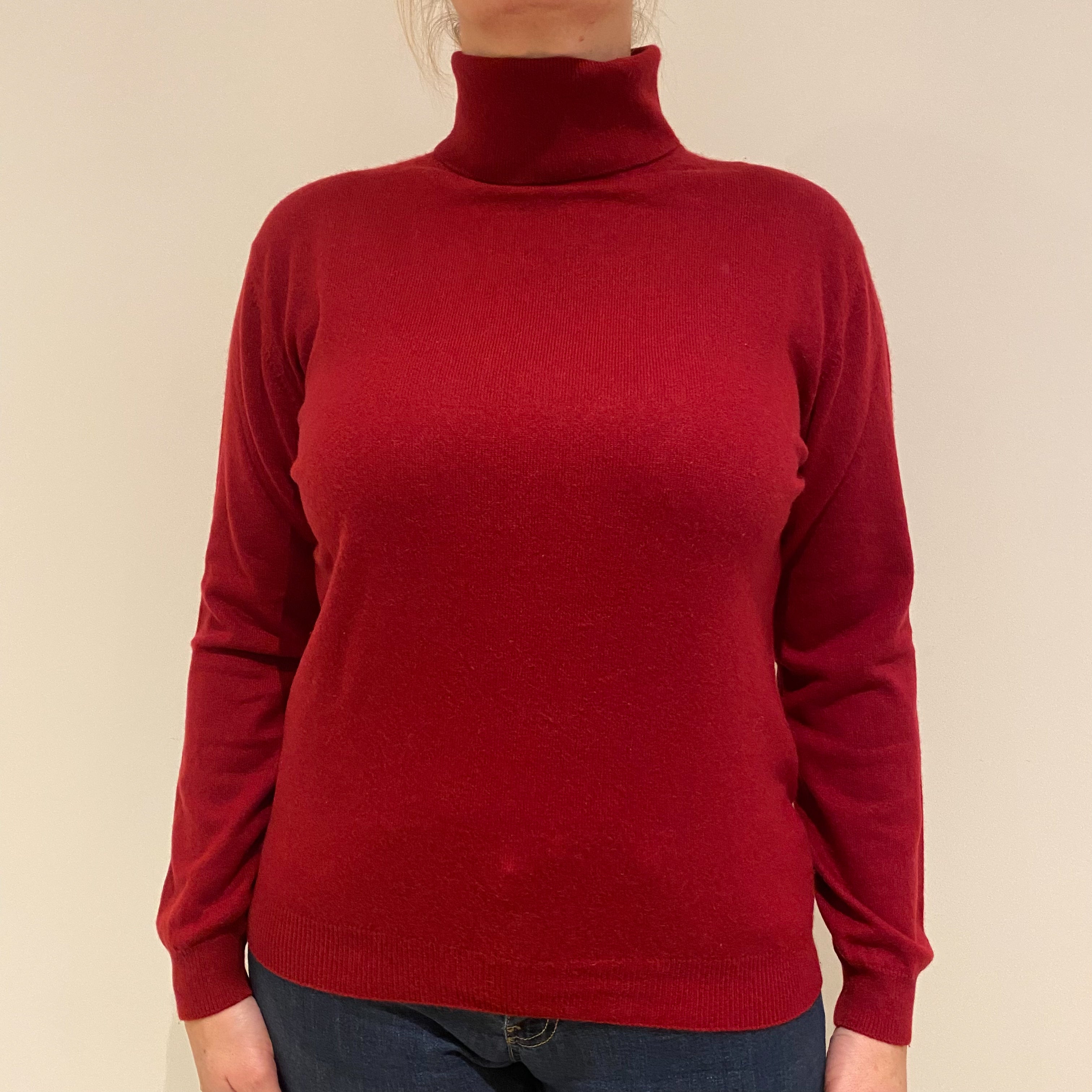 Crimson Red Cashmere Polo Neck Jumper Large