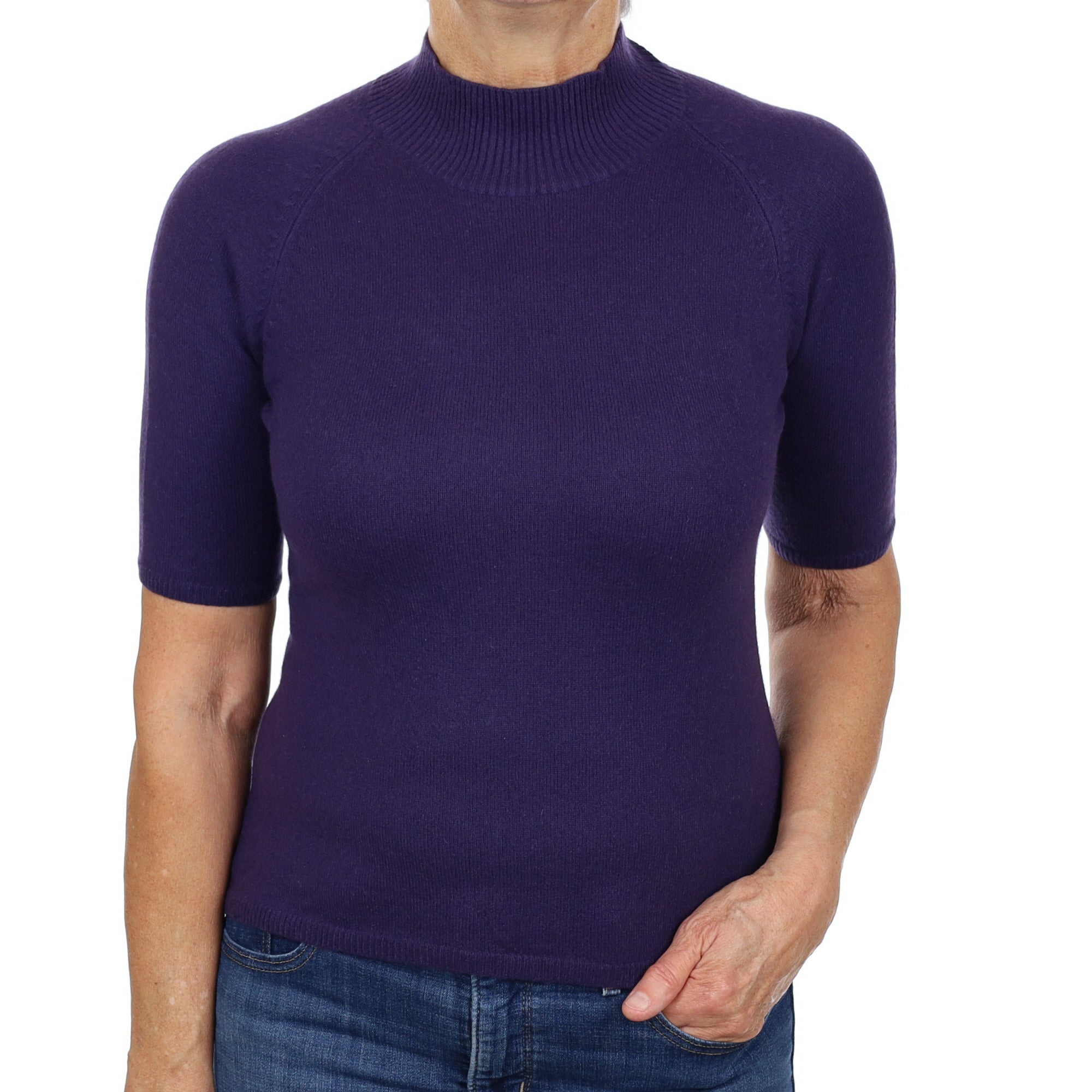 Grape Purple Cashmere Turtle Neck Short Sleeved Jumper Medium