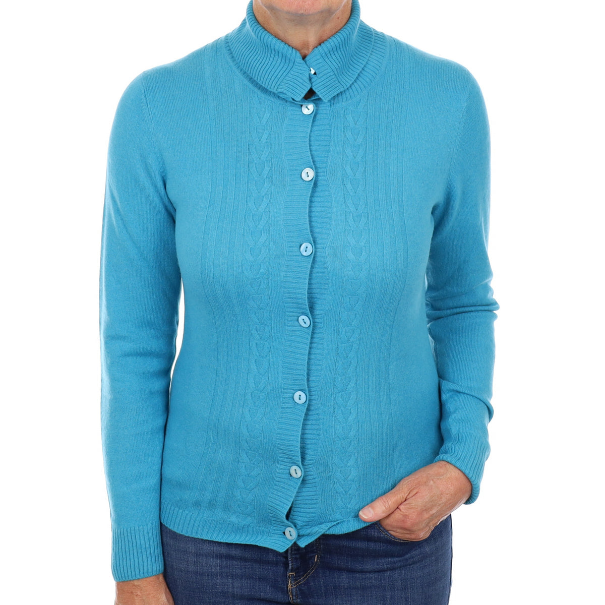 Turquoise Blue Cashmere Cable Detail Cardigan Medium
