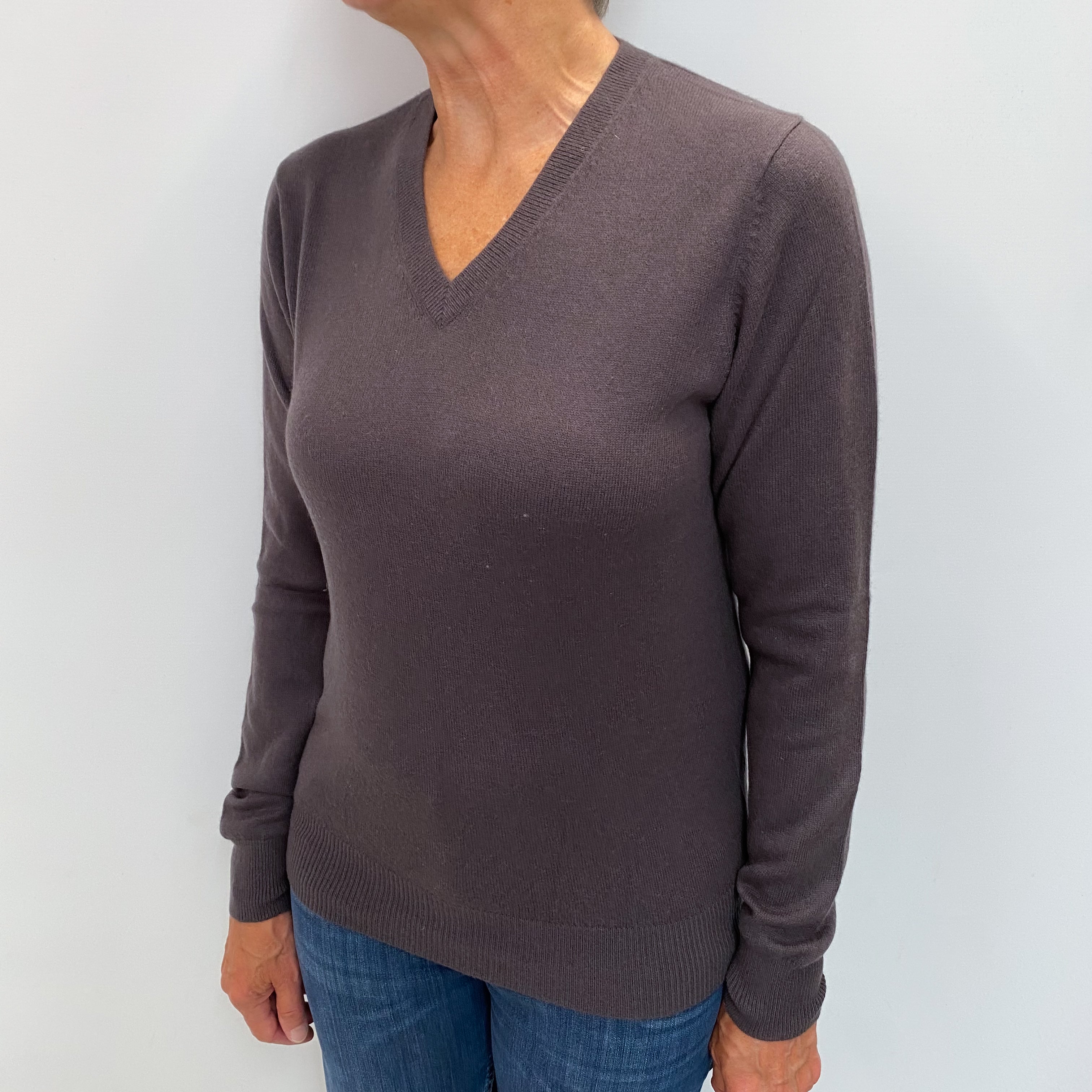 Puce Brown Cashmere V Neck Jumper Medium