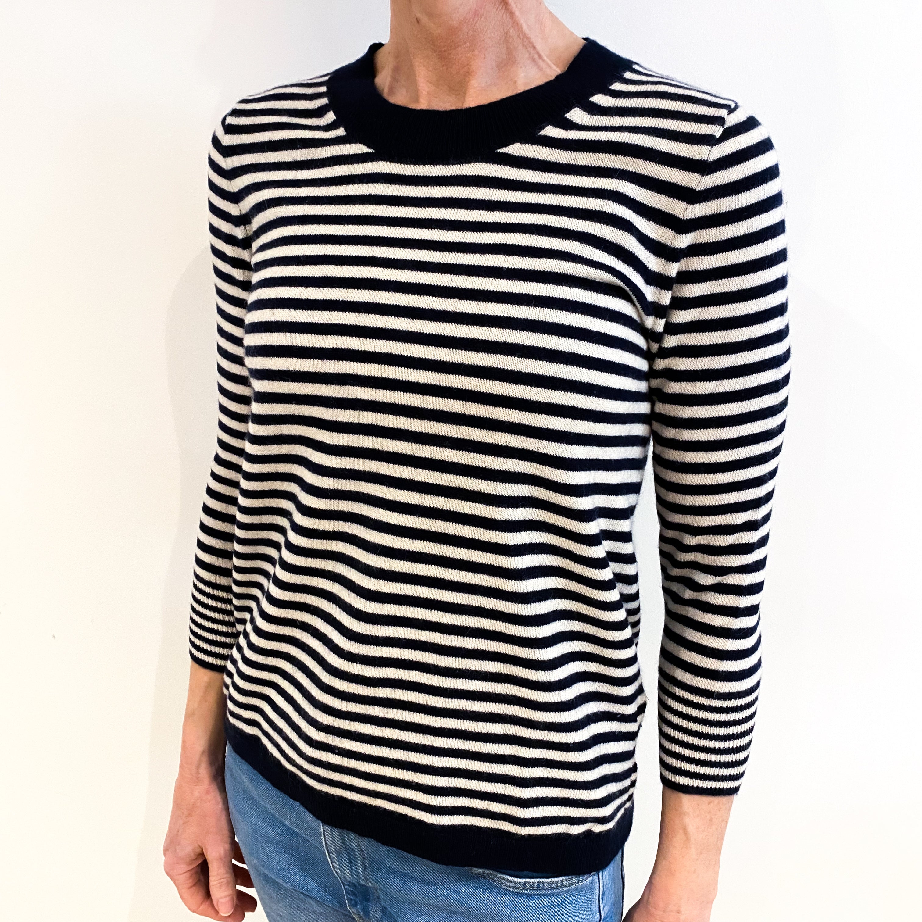 Navy And Cream Striped Cashmere Crew Neck Jumper Small