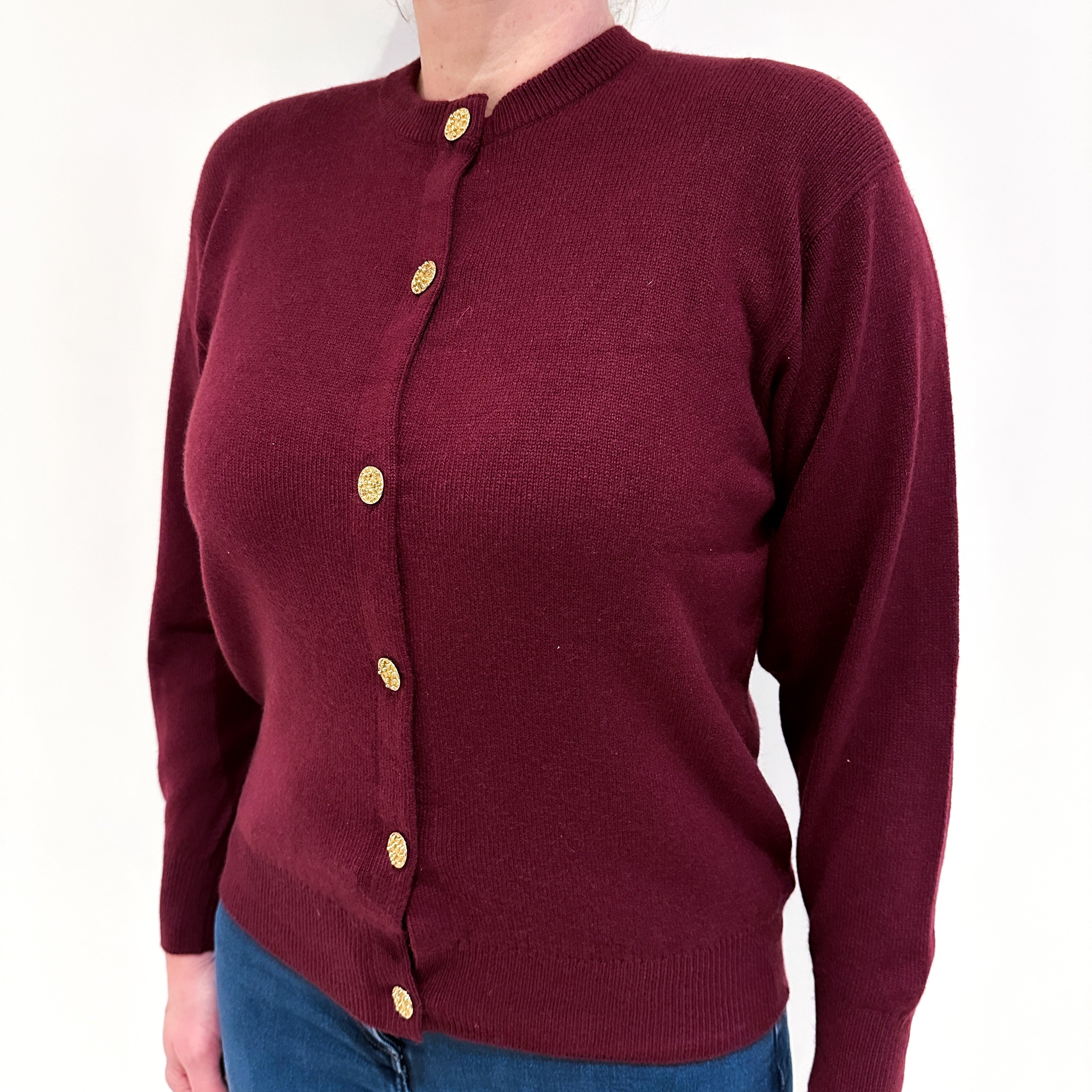 Vintage Scottish Mulberry Red Cashmere Crew Neck Cardigan Large