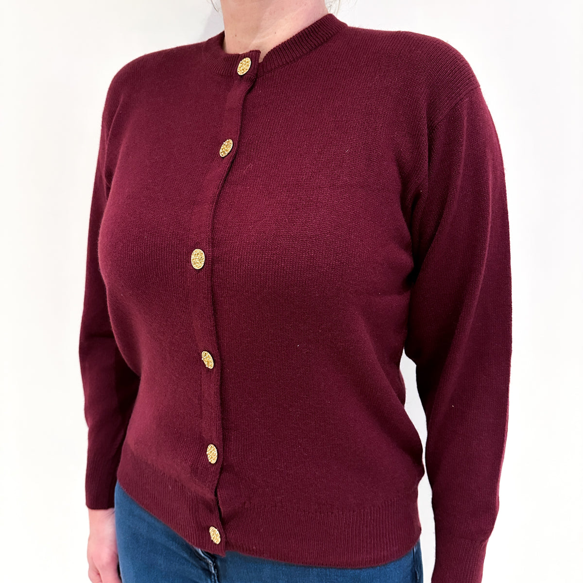 Vintage Scottish Mulberry Red Cashmere Crew Neck Cardigan Large