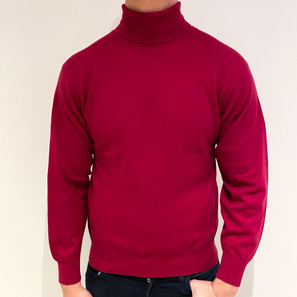 Men's Deep Cherry Red Cashmere Polo Neck Jumper XL
