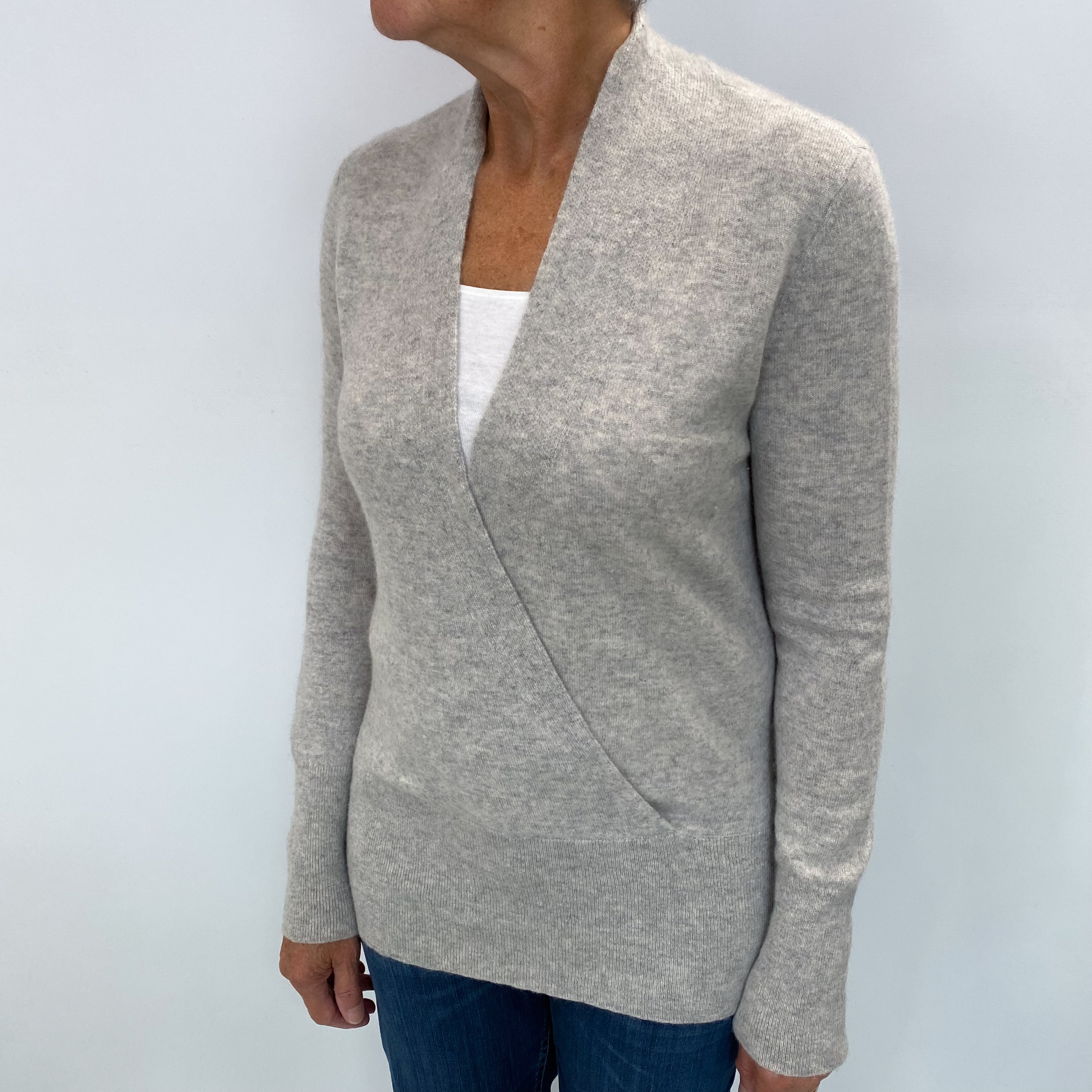 Smoke Grey Cashmere Deep Cross Over V Neck Jumper Medium