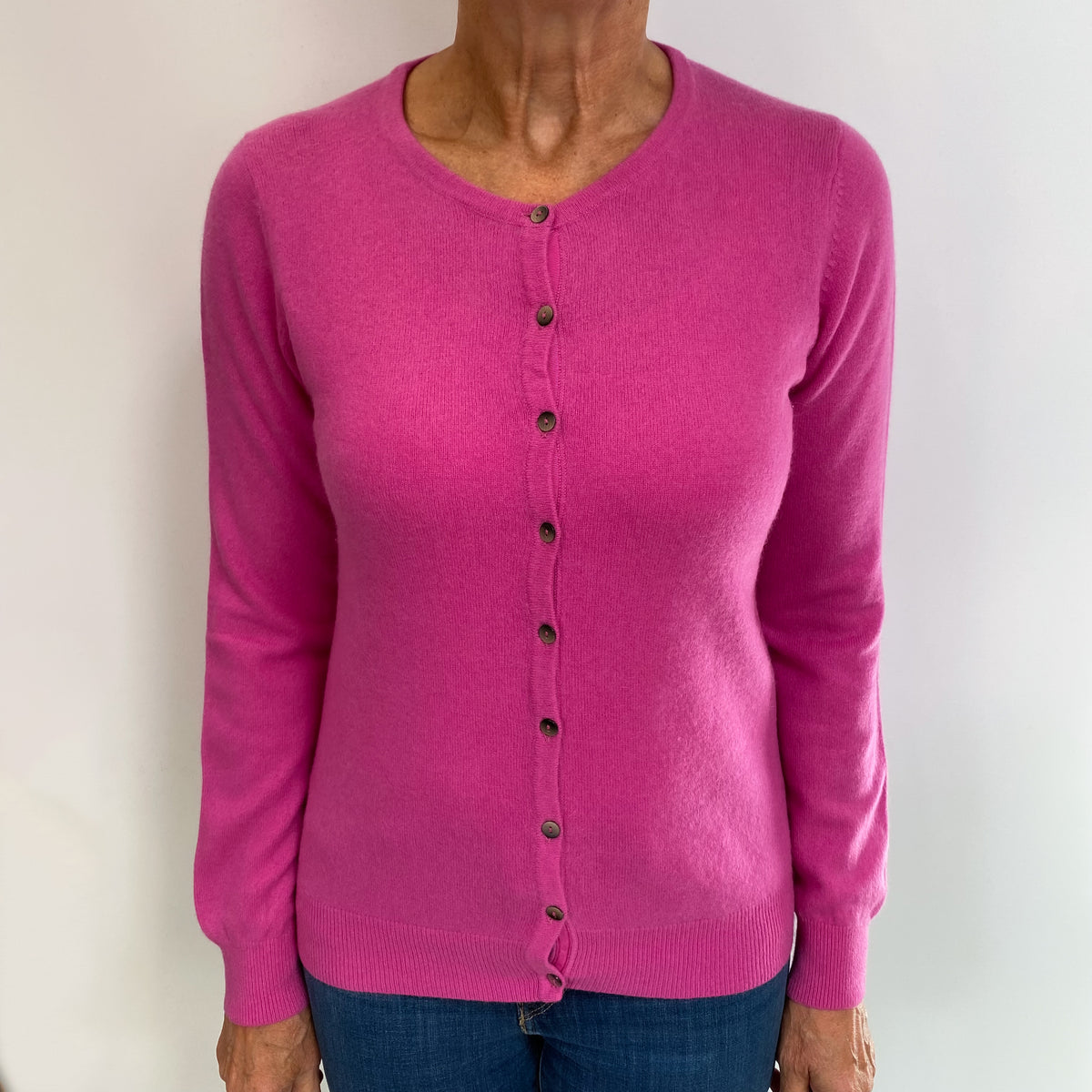 Hot Pink Cashmere Crew Neck Cardigan Medium