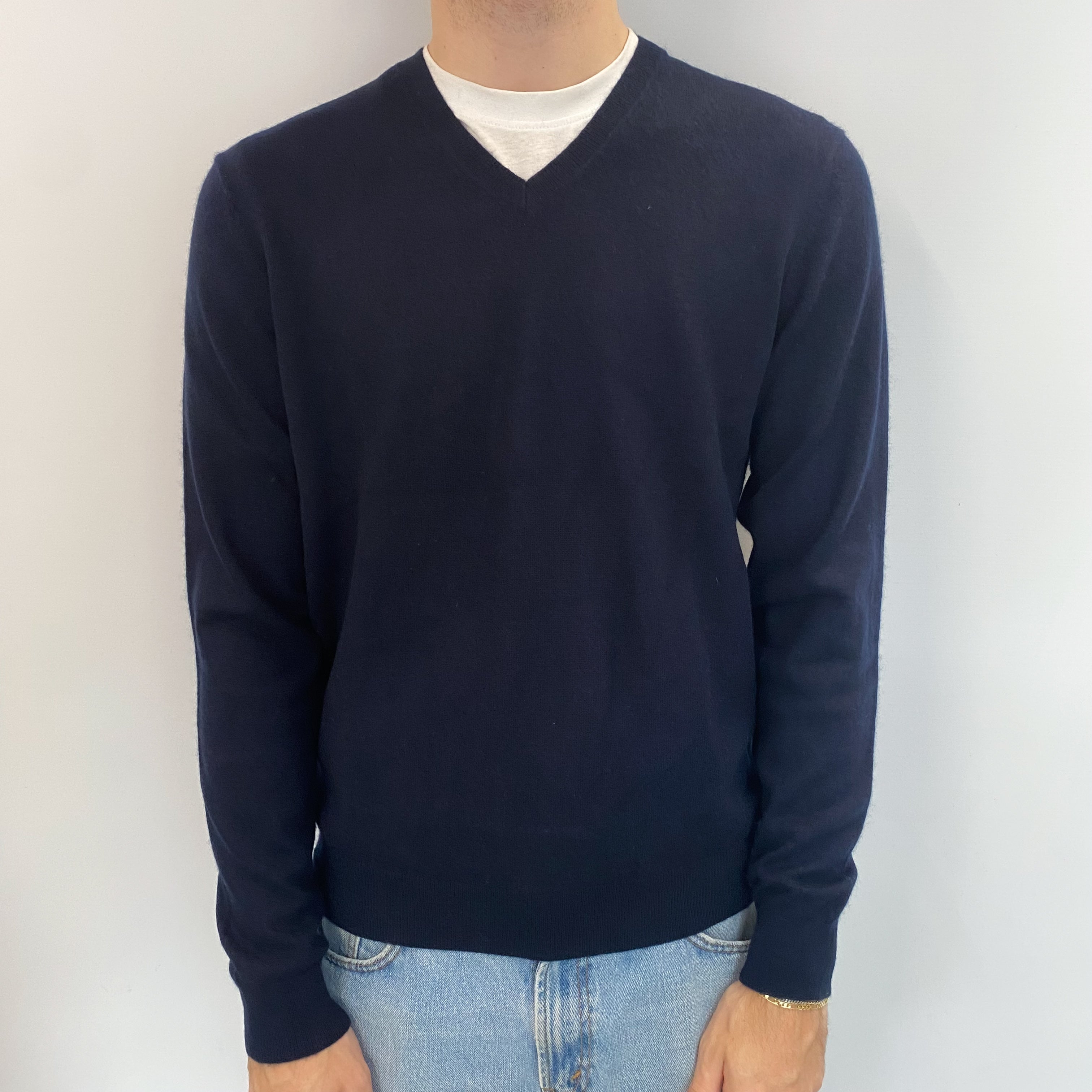 Men's Navy Cashmere V Neck Jumper Medium