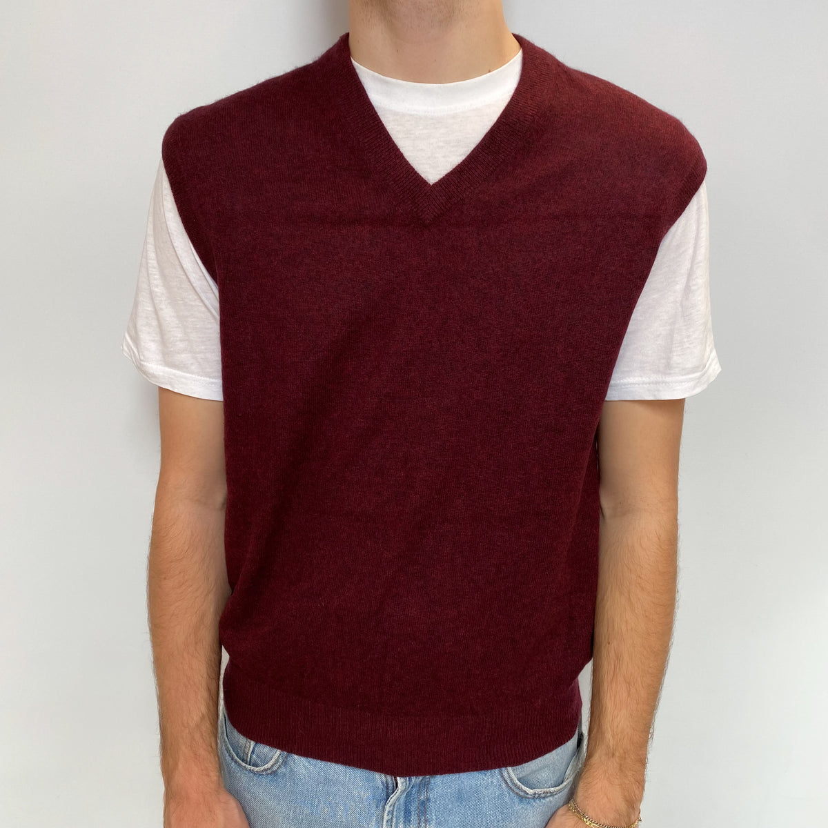 Men's Wine Red Cashmere V Neck Tank Top Large