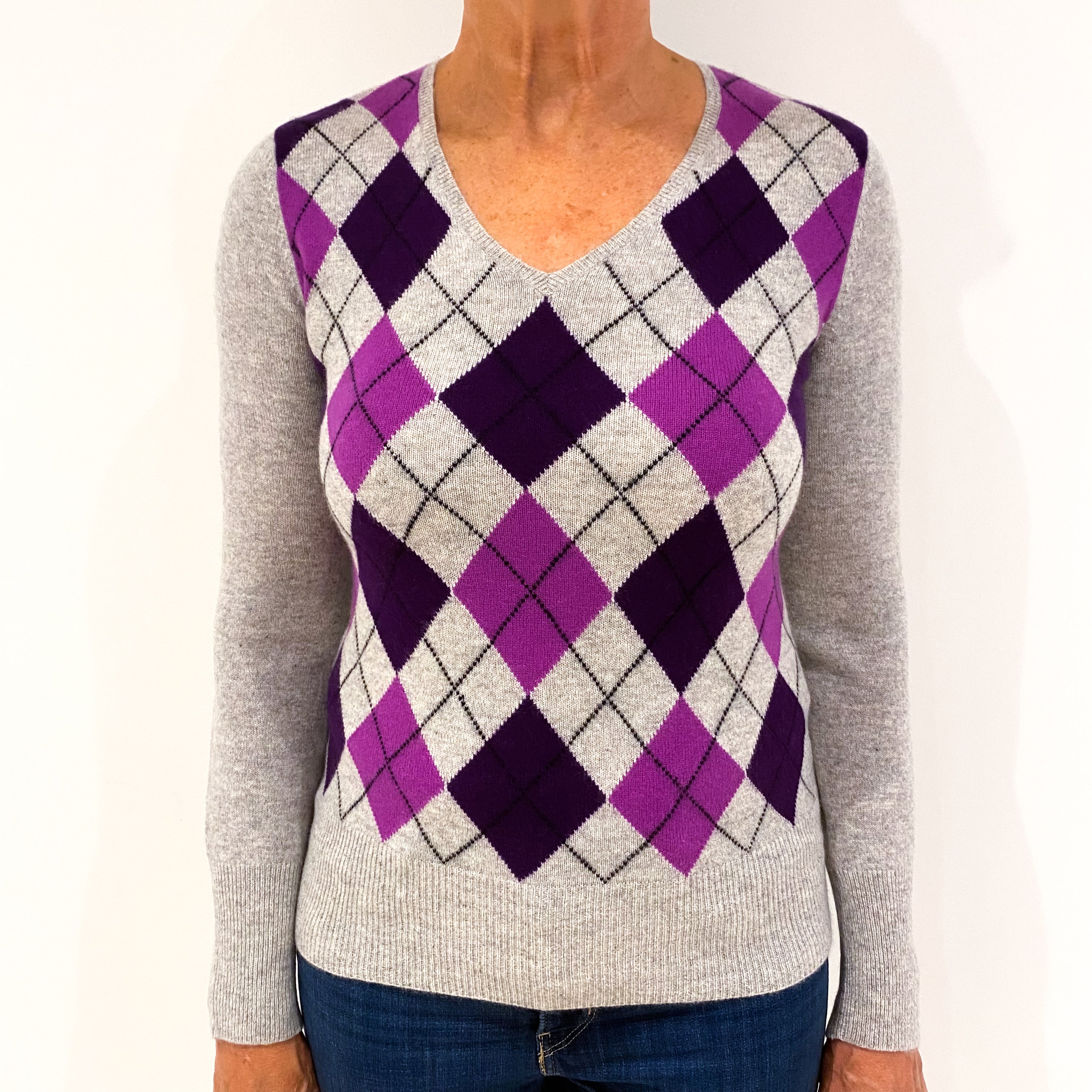 Smoke Grey Purple Argyle Cashmere V-Neck Jumper Medium