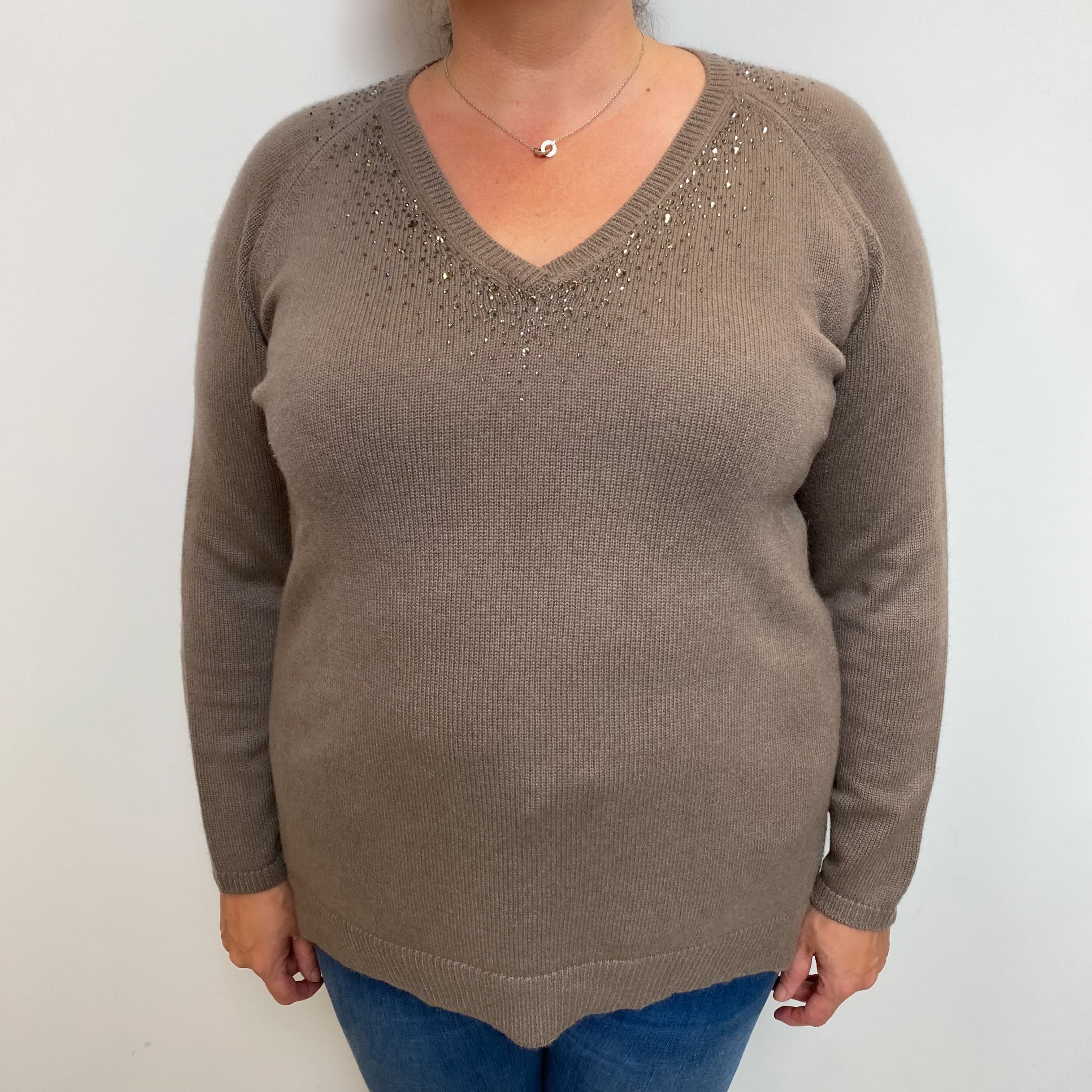 Mocha Brown Cashmere V Neck Jumper Extra Large