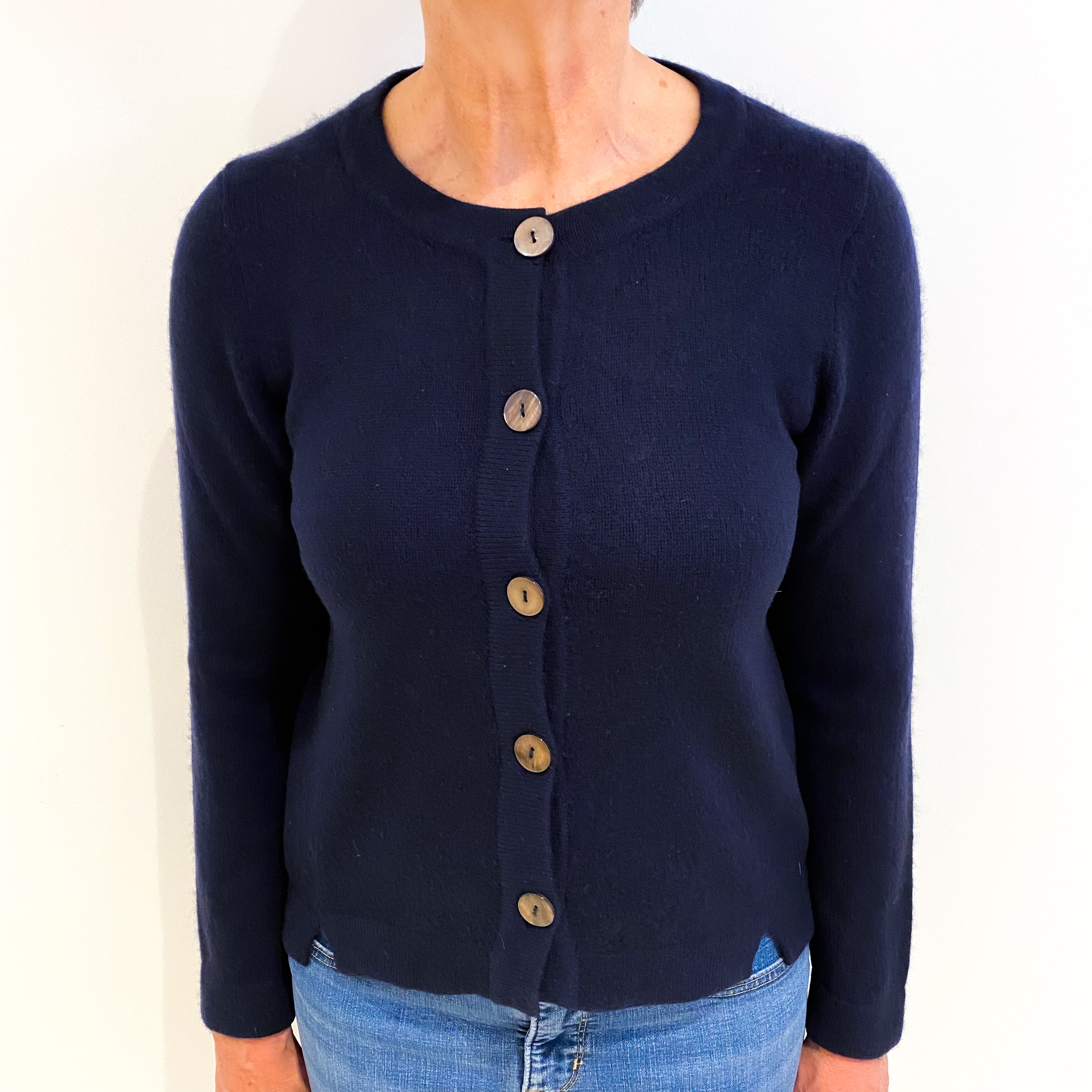 Navy Blue Cashmere Crew Neck Cardigan Medium